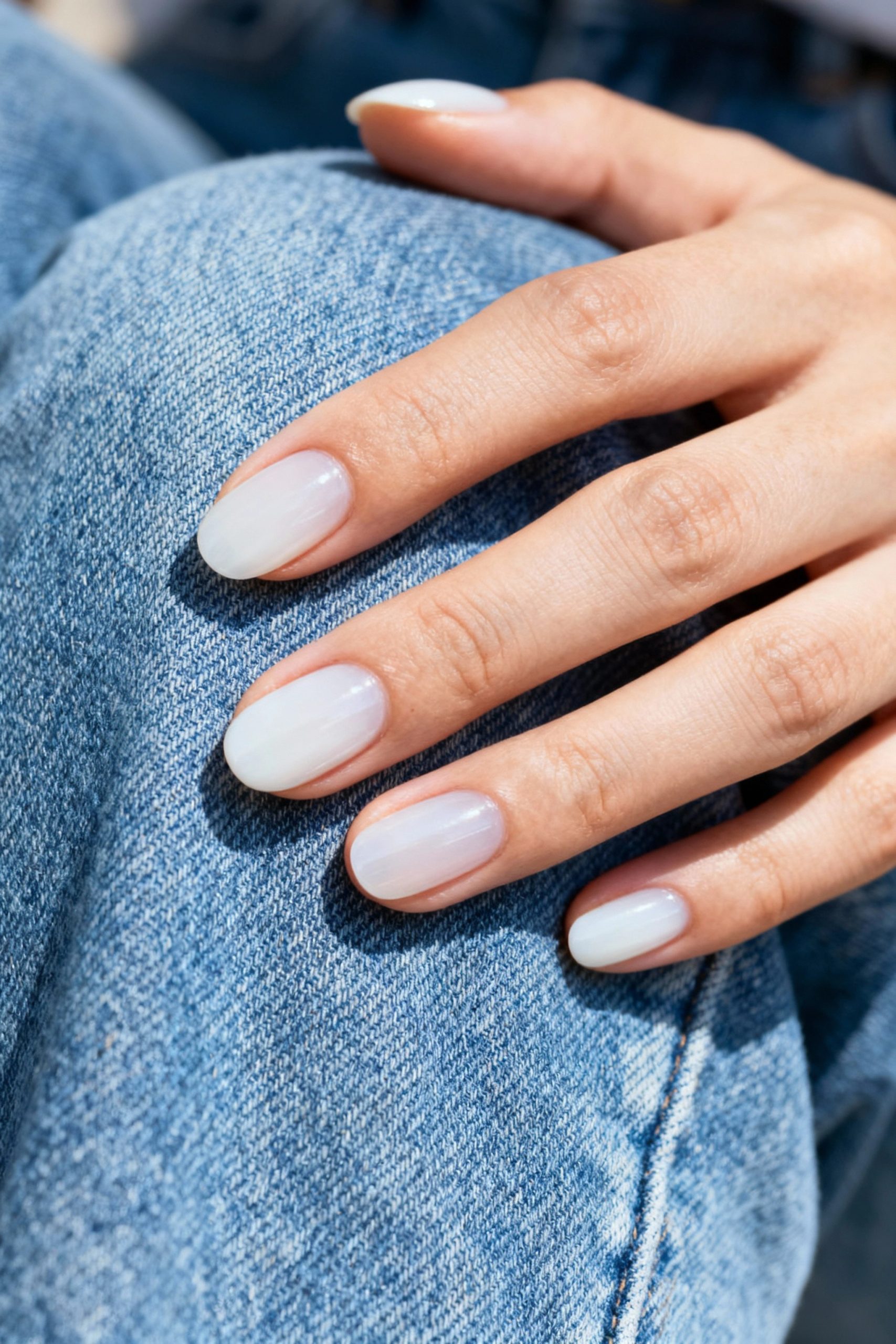 Oval-shaped nails with a trendy milky white semi-sheer polish, resting against blue denim fabric.