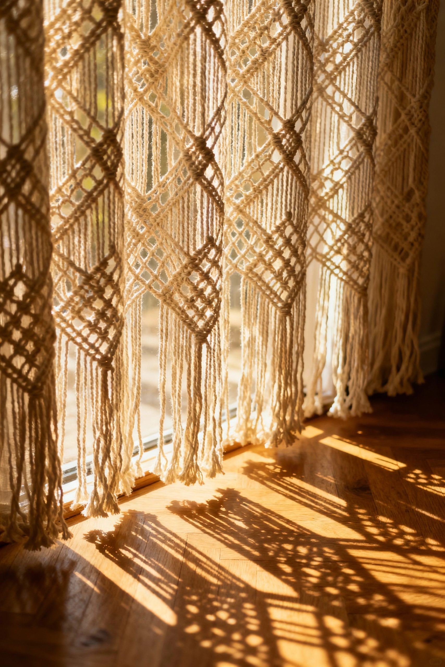 Warm, late-afternoon sunlight filtering through a beautiful macrame curtain panel, casting intricate, lacy shadows on a wooden floor.