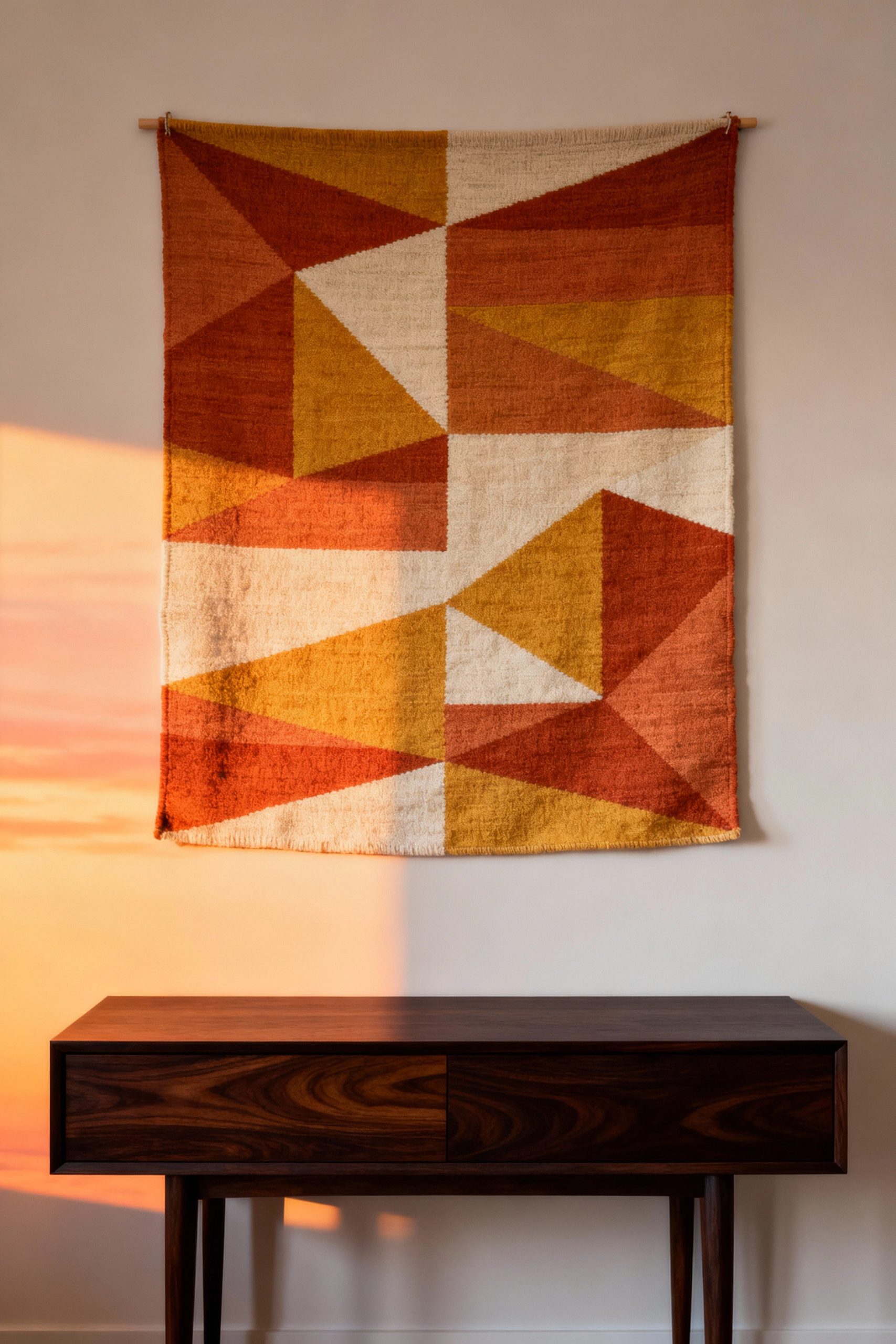 A woven tapestry with a geometric pattern in warm sunset tones of terracotta and mustard hangs above a dark wood, mid-century modern console table, illuminated by warm sunlight.