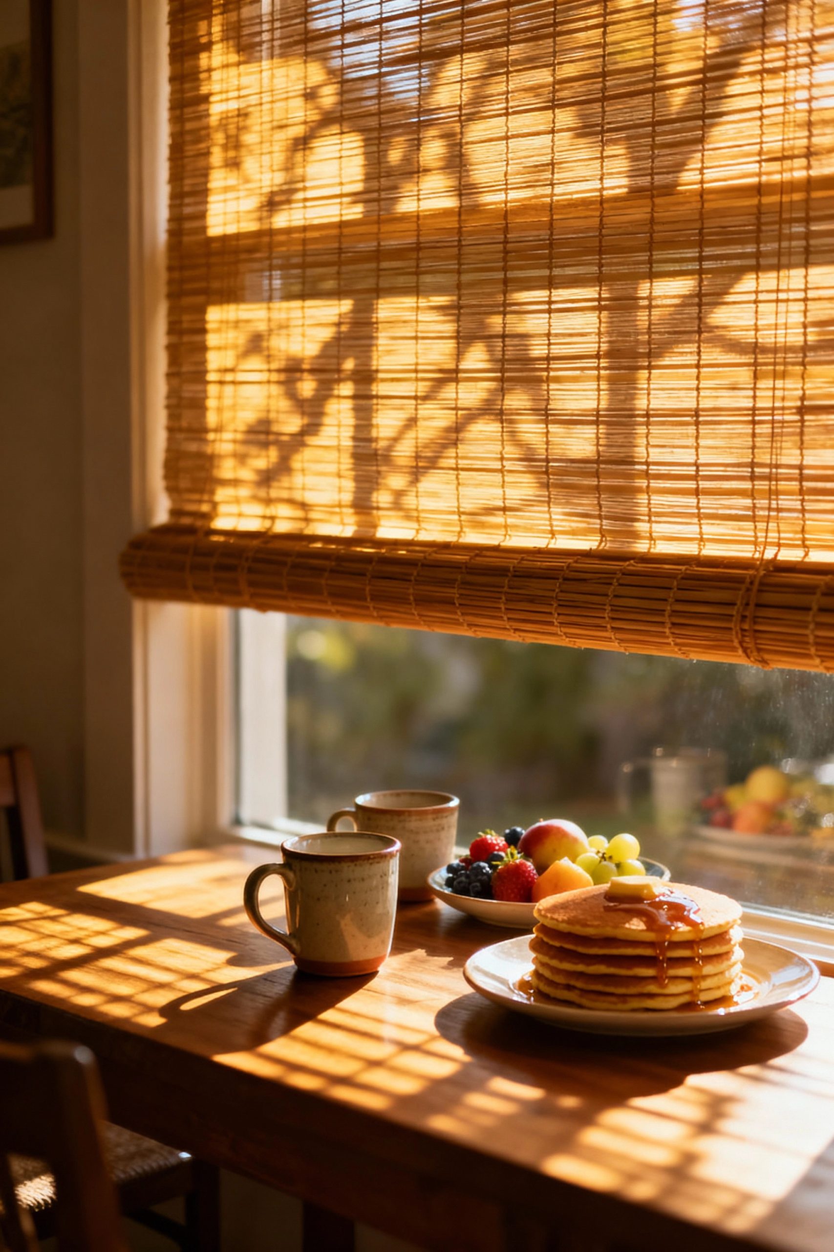 Warm morning sunlight filters through a woven bamboo window shade, casting beautiful shadows on a breakfast table set with pancakes and coffee.