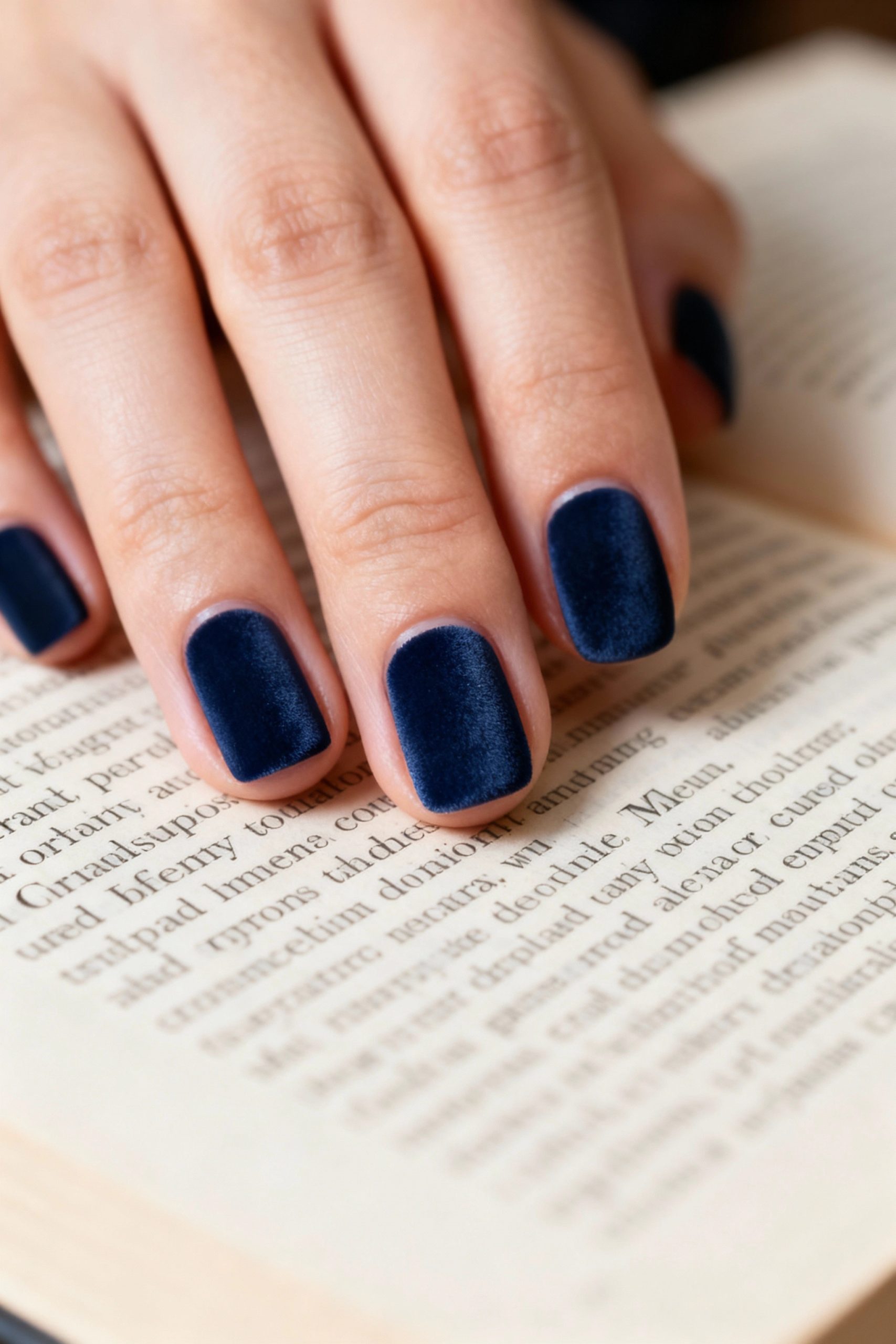 A woman's hand with a luxurious velvet-finish matte navy blue manicure, resting on the page of an open book.