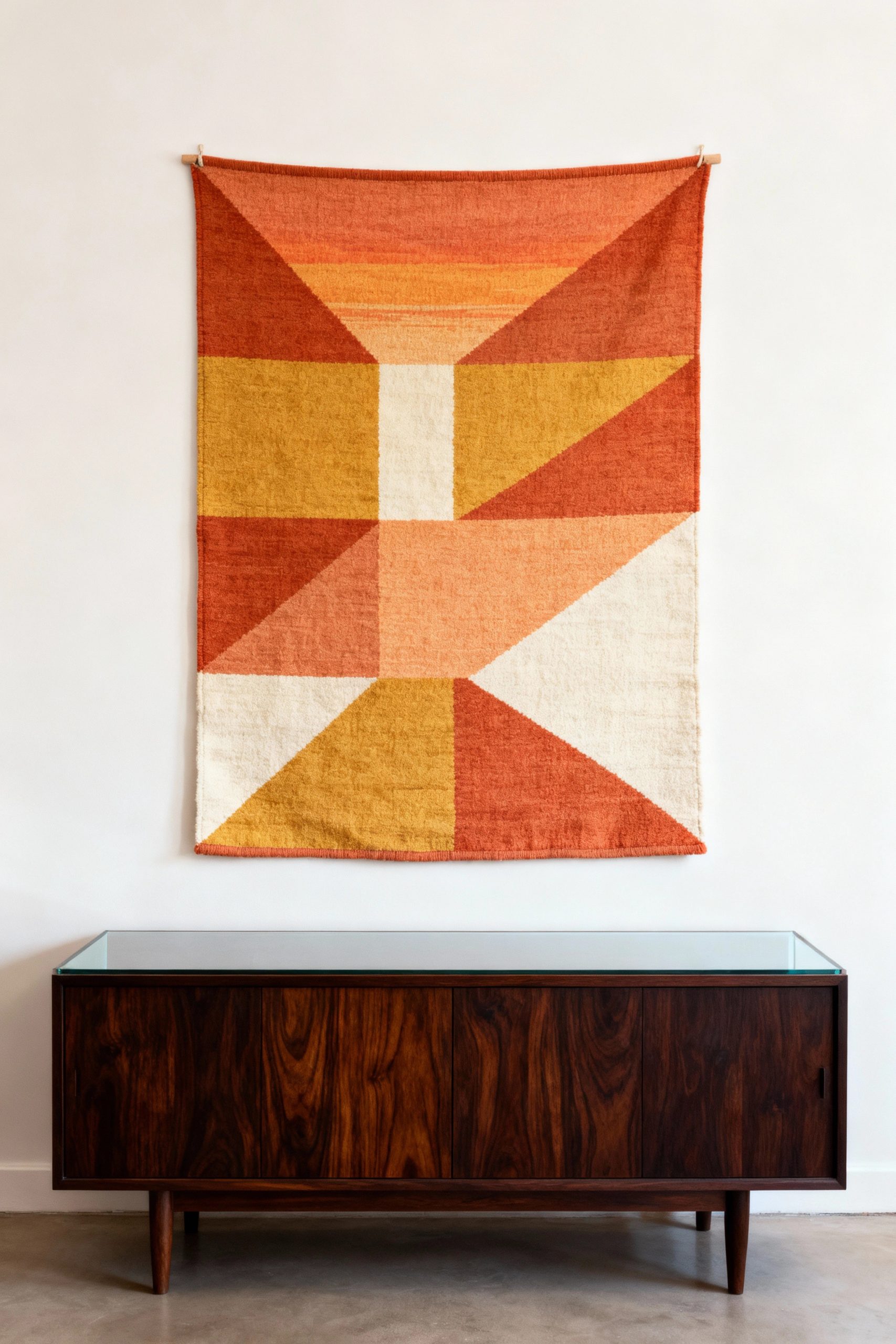 A colorful flat-weave wall hanging with a geometric design in shades of orange, yellow, and white is centered on a plain wall above a sleek mid-century wooden sideboard with a glass top.
