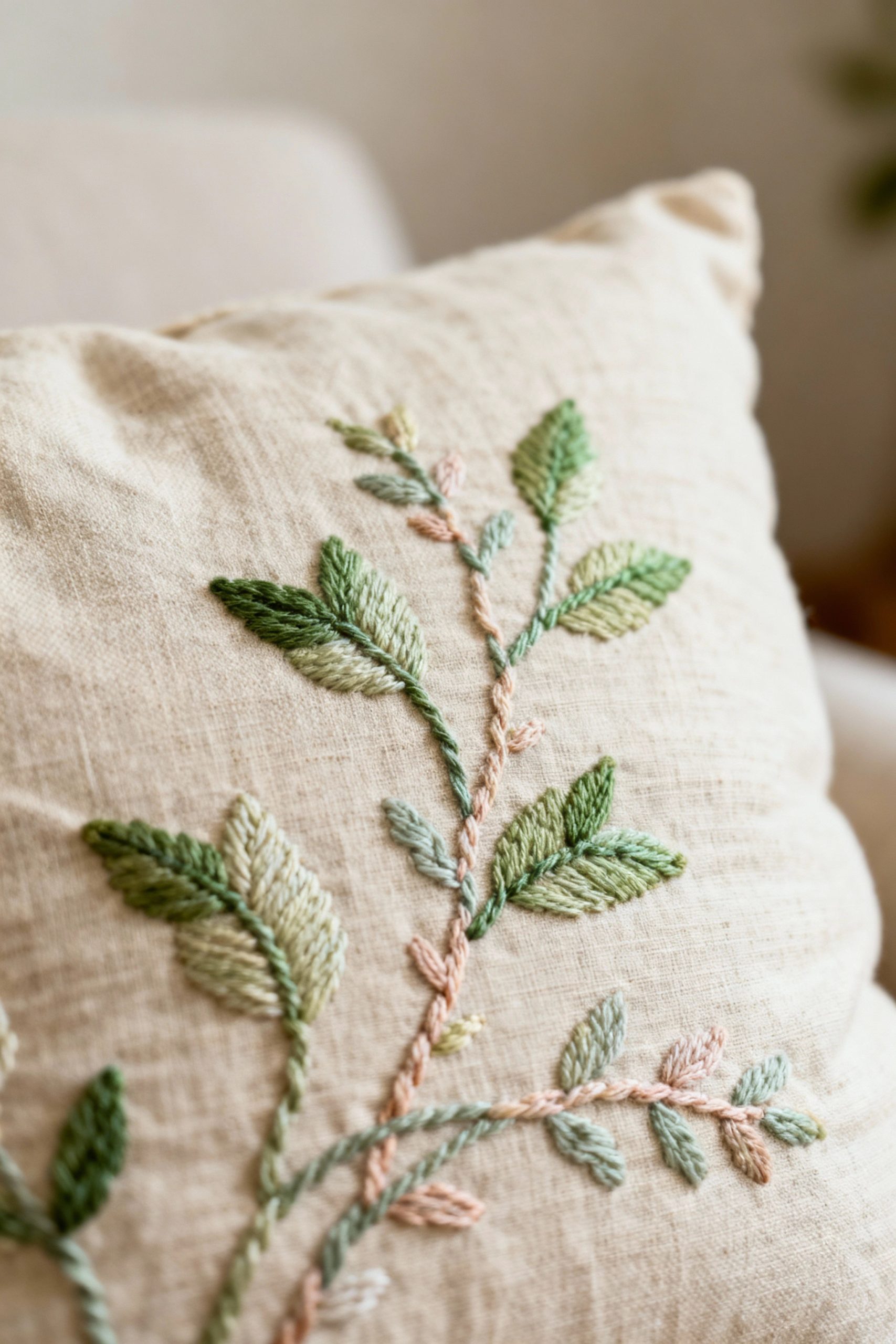 A detailed close-up of a linen cushion featuring a beautiful, simple botanical pattern embroidered with green and soft-colored threads.