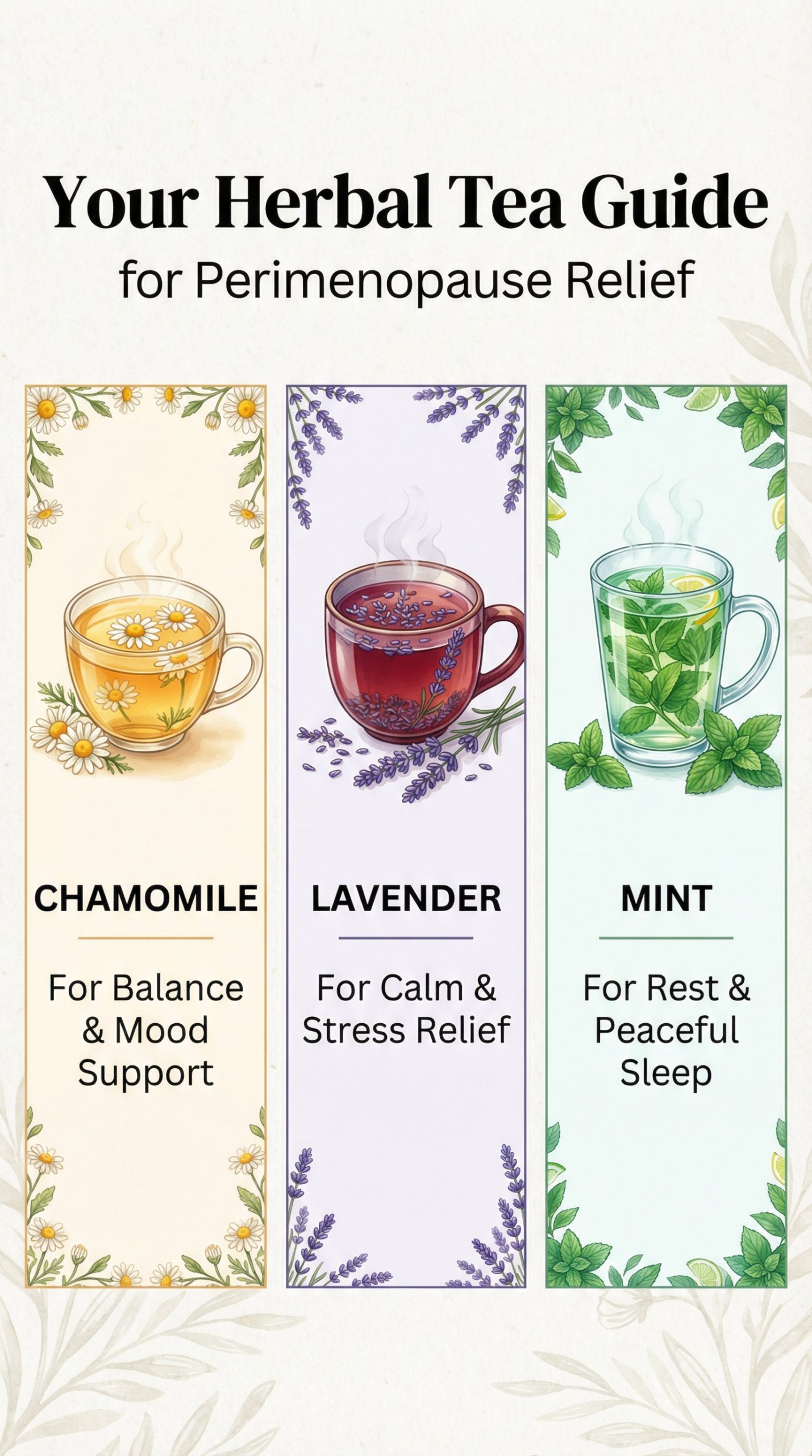 An infographic guide to herbal teas for perimenopause relief, showing chamomile for balance, lavender for calm, and mint for rest.