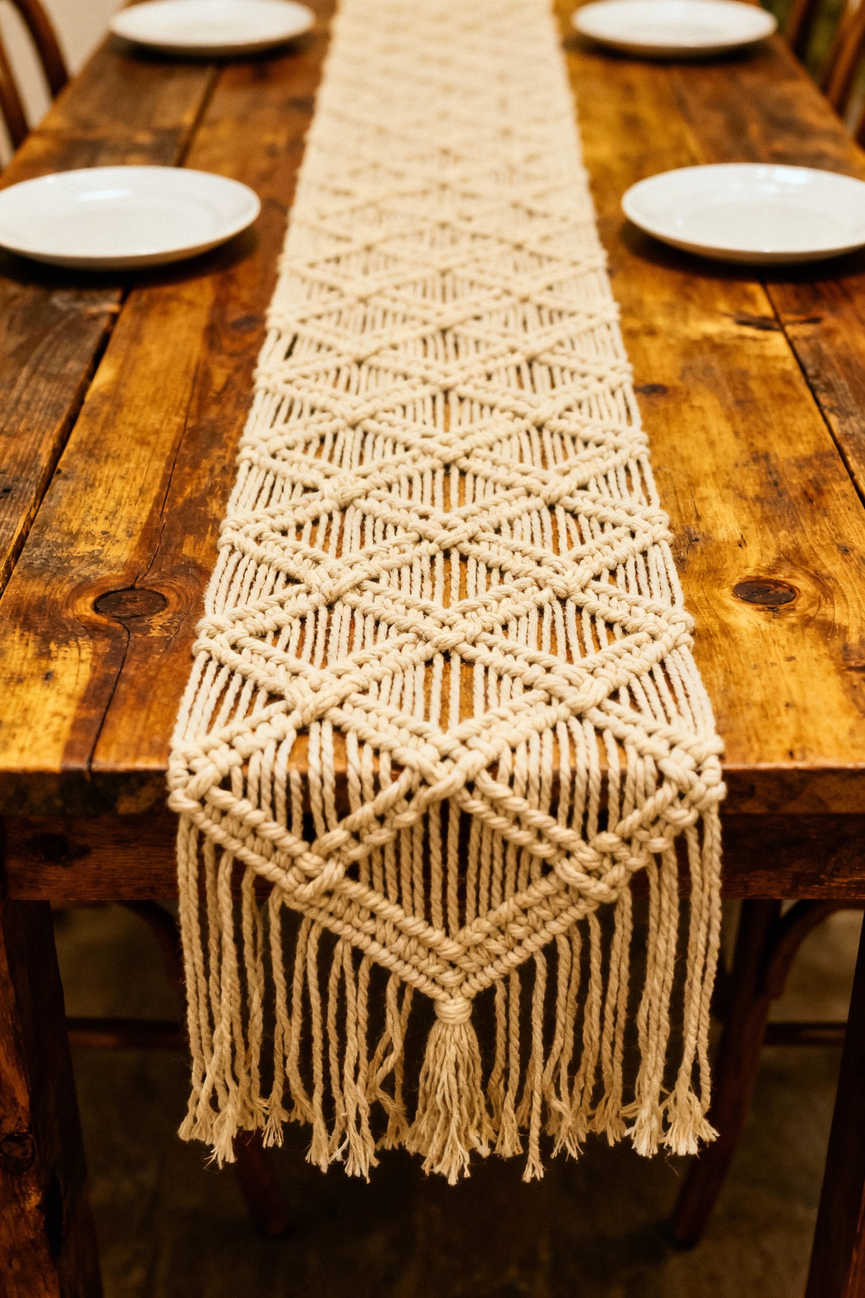 A long, elegant macrame table runner with tassels stretching down the center of a rustic wooden dining table.