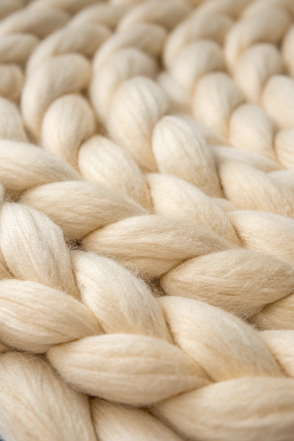 A macro close-up shot showing the thick, soft texture of a chunky knit blanket or wall hanging made from cream-colored, unspun wool roving.