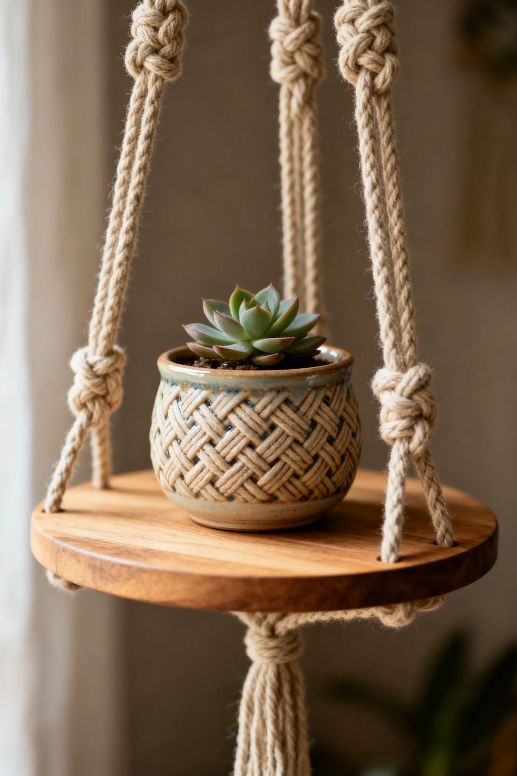 A functional and stylish macrame plant hanger featuring a built-in wooden shelf, displaying a small succulent in a beautifully patterned ceramic pot.