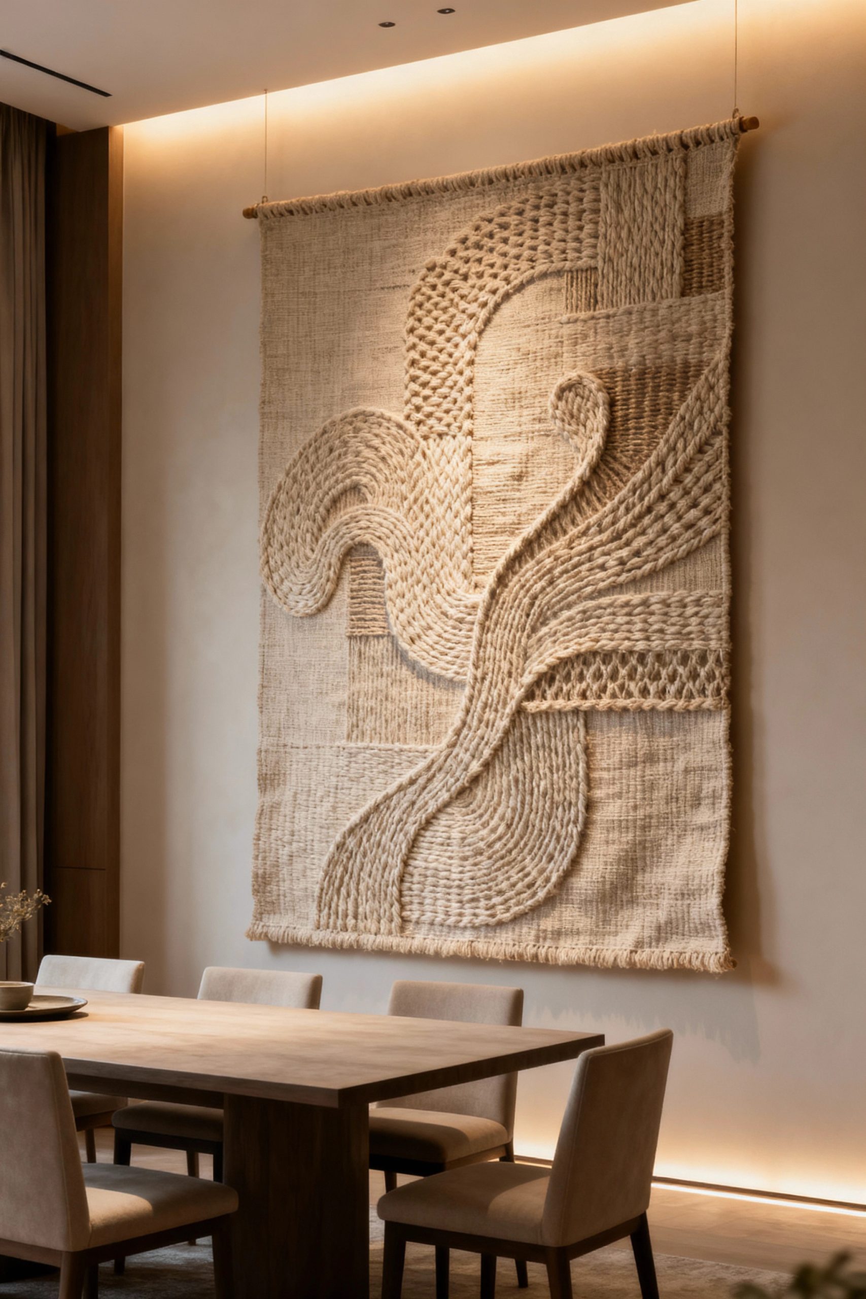 A large, neutral woven wall hanging with textured patterns serves as a stunning piece of art in a modern dining room.