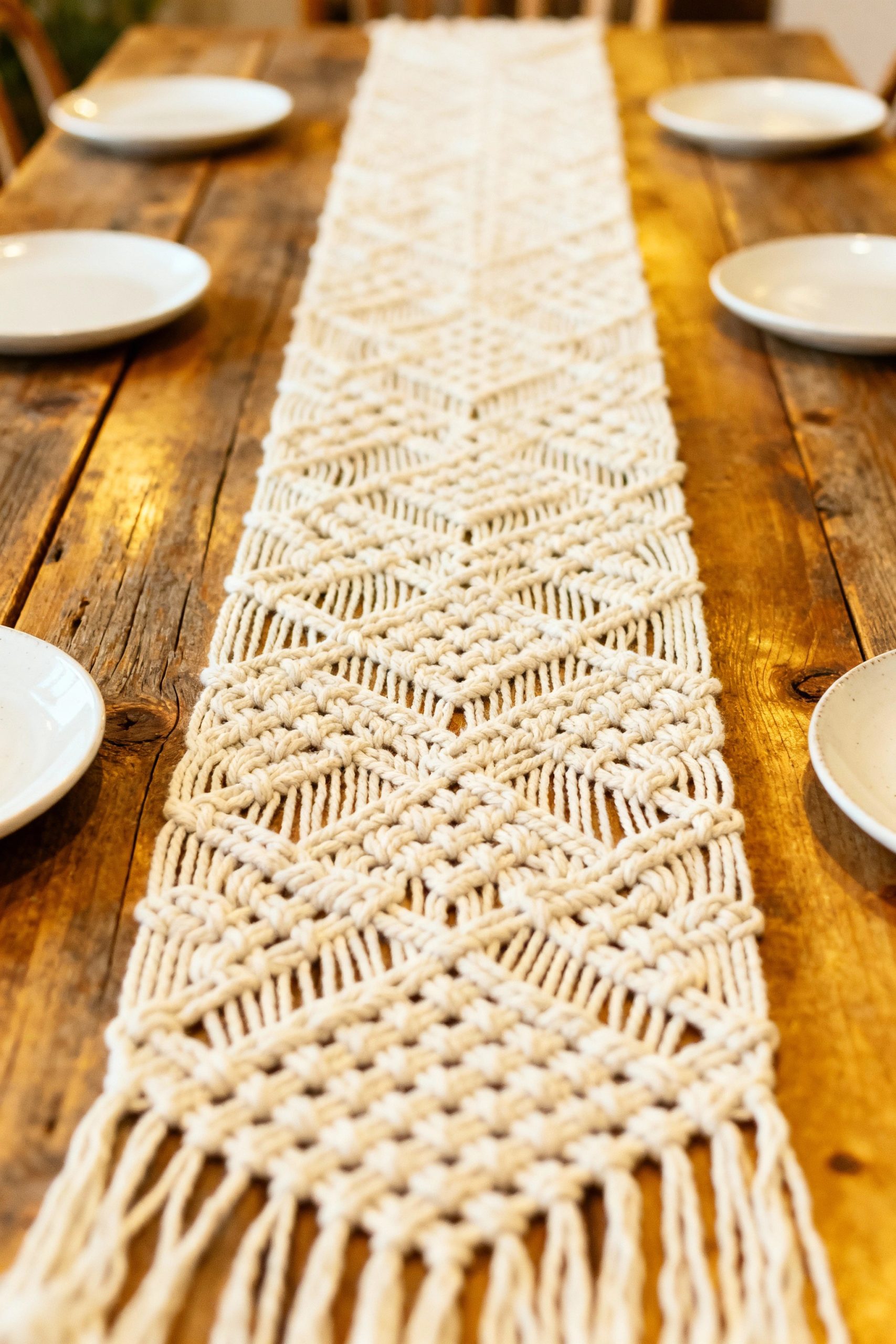 An overhead view of a beautiful, intricately knotted macrame table runner on a light wood dining table set with simple plates.