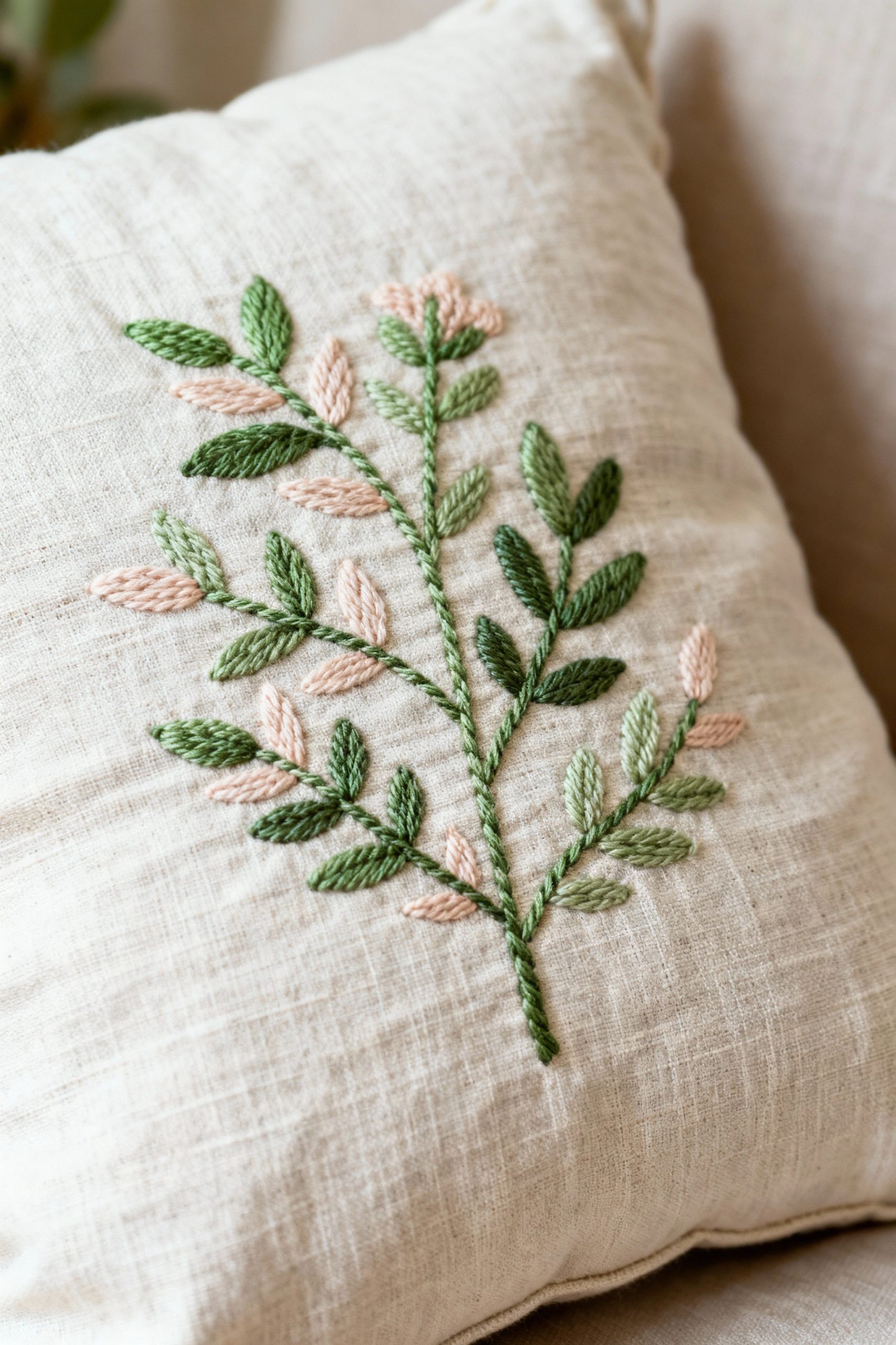 A detailed close-up of a linen cushion featuring a delicate botanical pattern embroidered with soft pink and green threads.