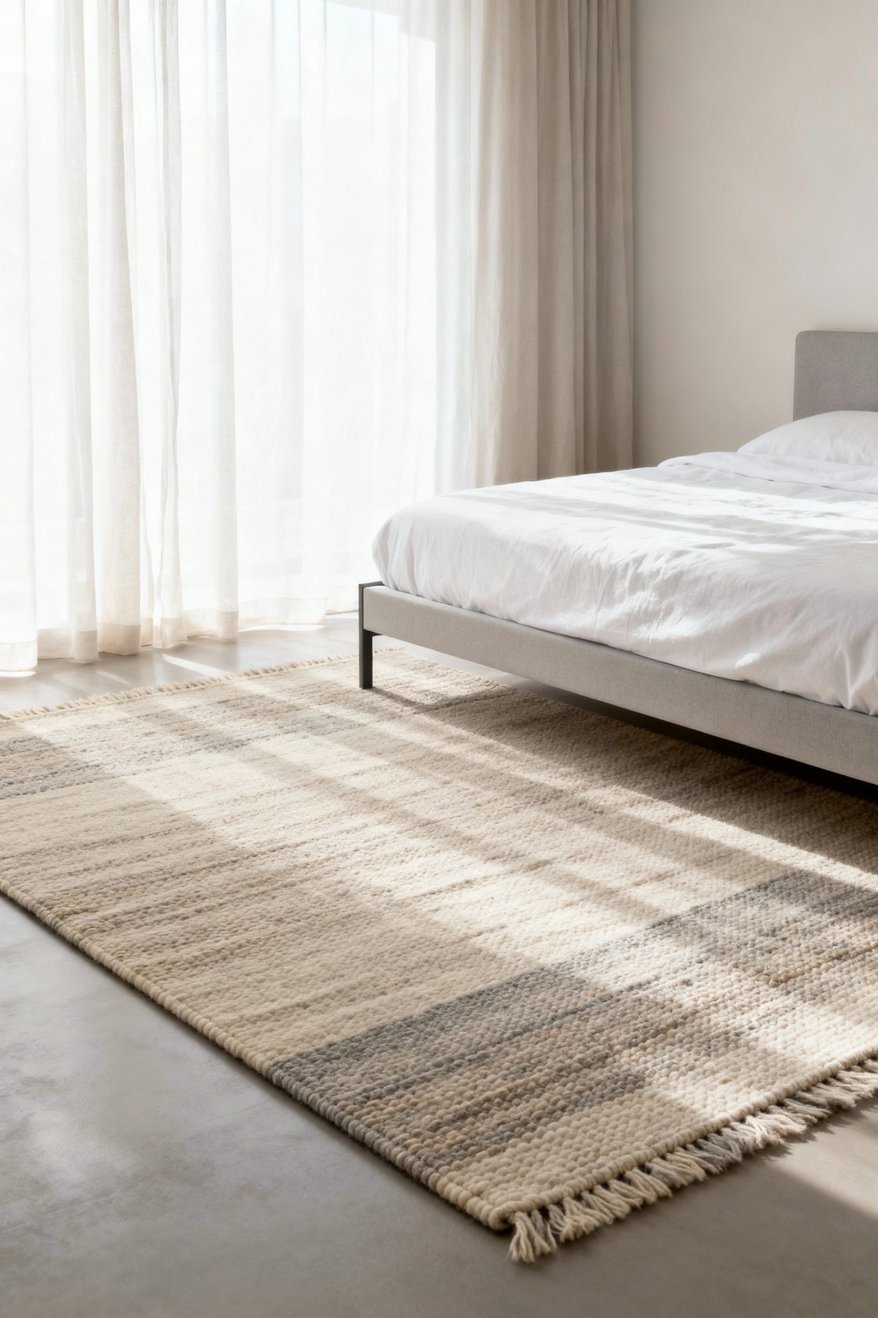 A serene, minimalist bedroom featuring a large, hand-loomed wool rug in neutral tones that adds warmth and texture to the space.