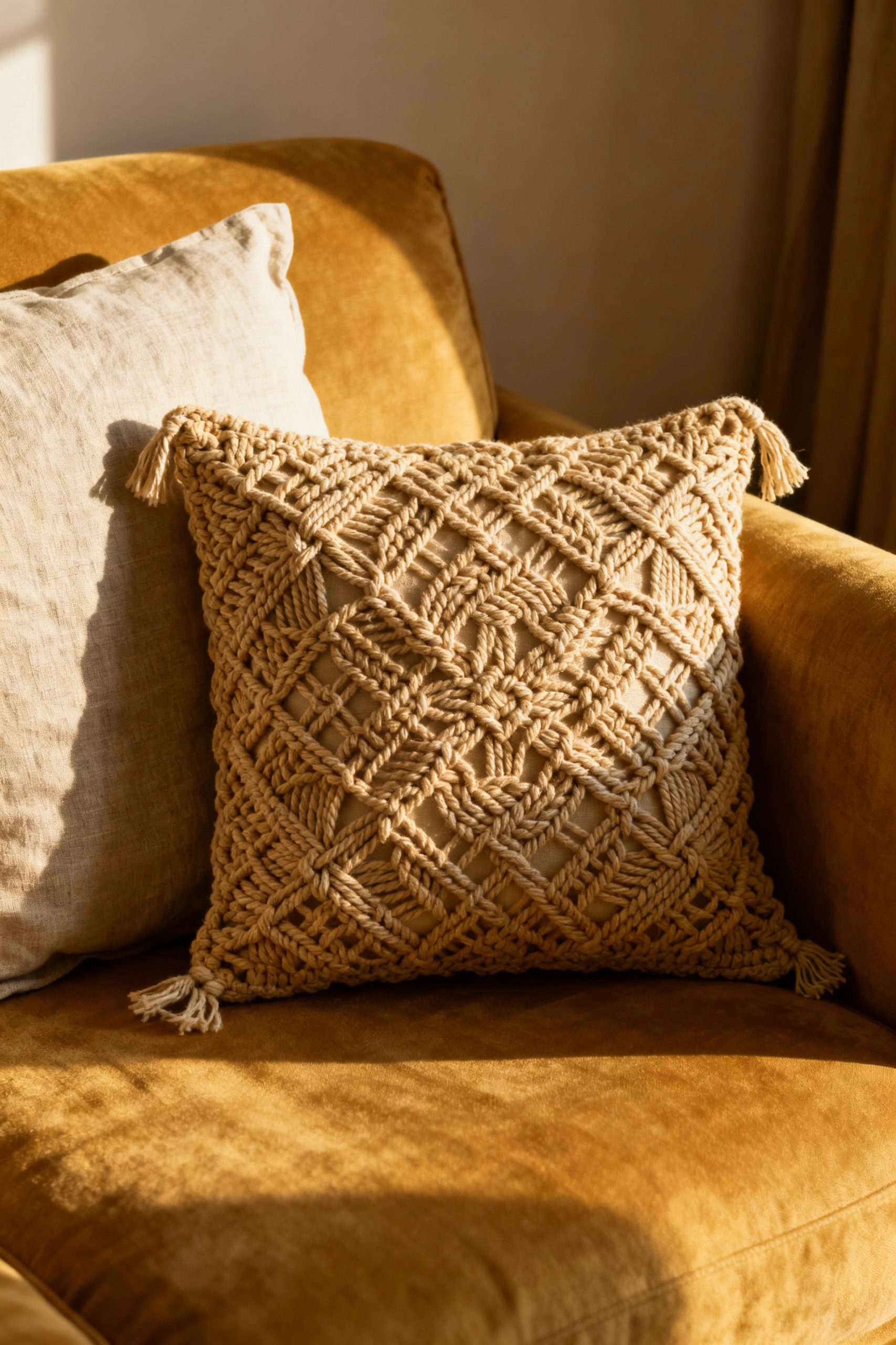 A square cushion with an intricate macrame cover and tassels, styled on a cozy, mustard-yellow velvet armchair.