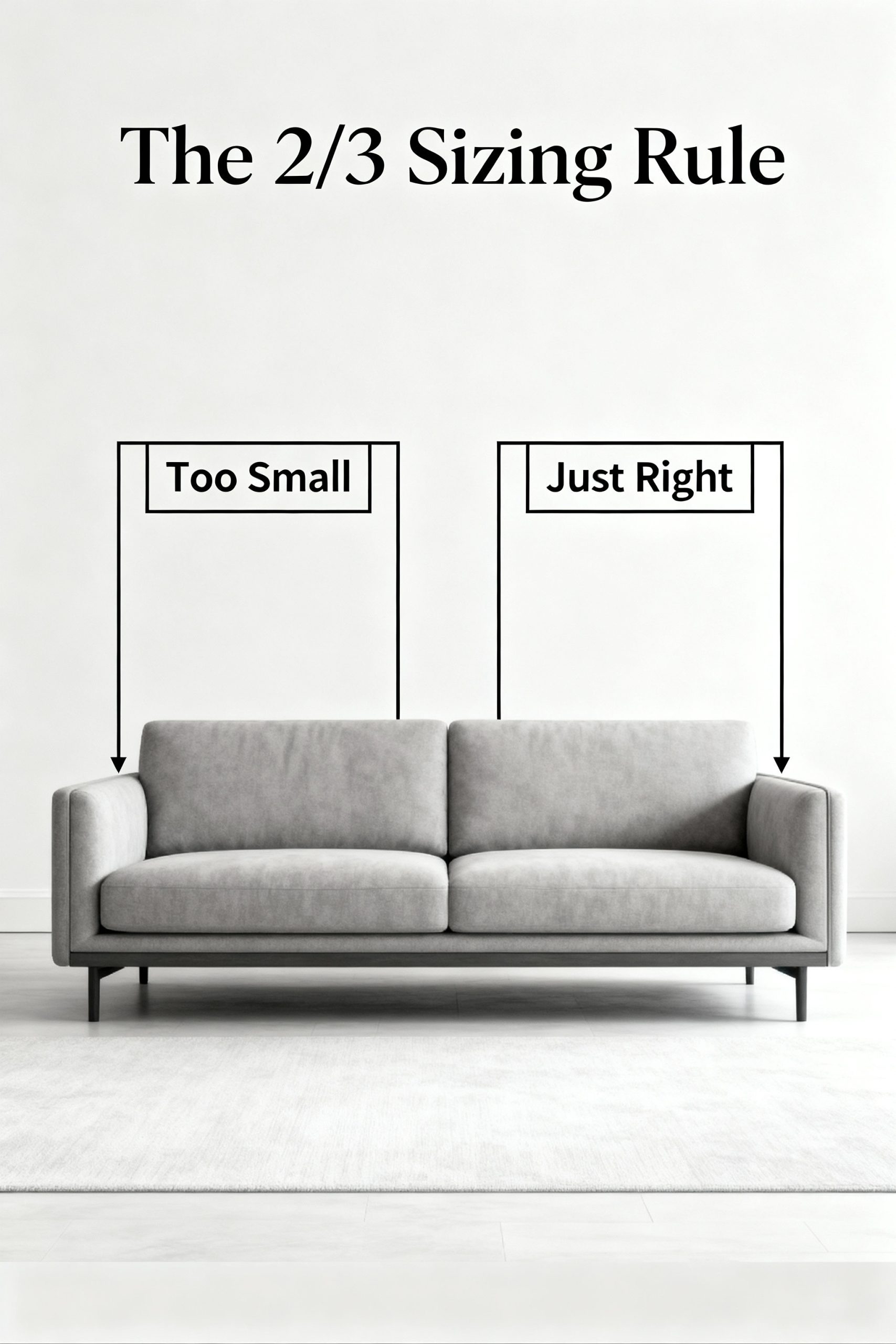 An instructional diagram showing a grey sofa against a white wall. It illustrates the '2/3 Sizing Rule' for hanging art, marking sections for 'Too Small' and 'Just Right' above the sofa.