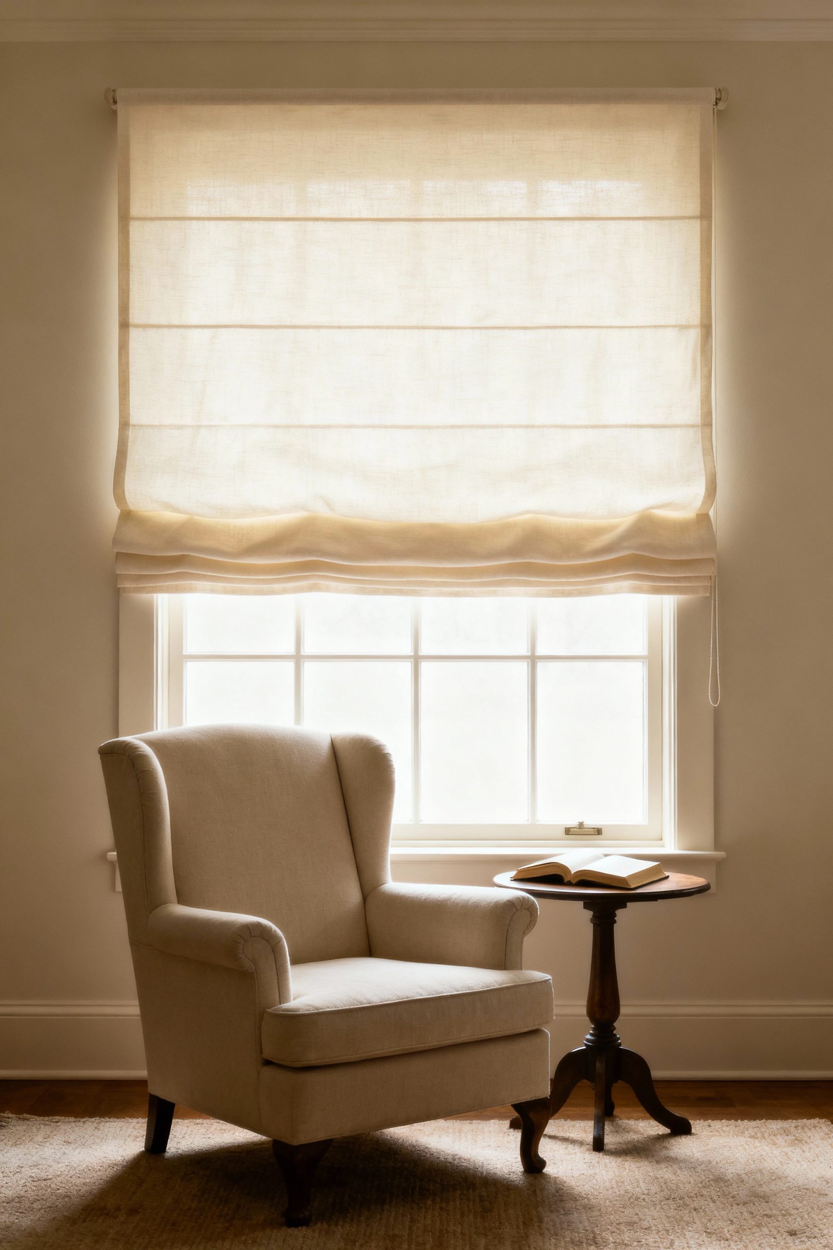 A tranquil reading corner featuring a comfortable armchair and a window dressed with a simple, elegant fabric Roman shade that provides soft, diffused light.