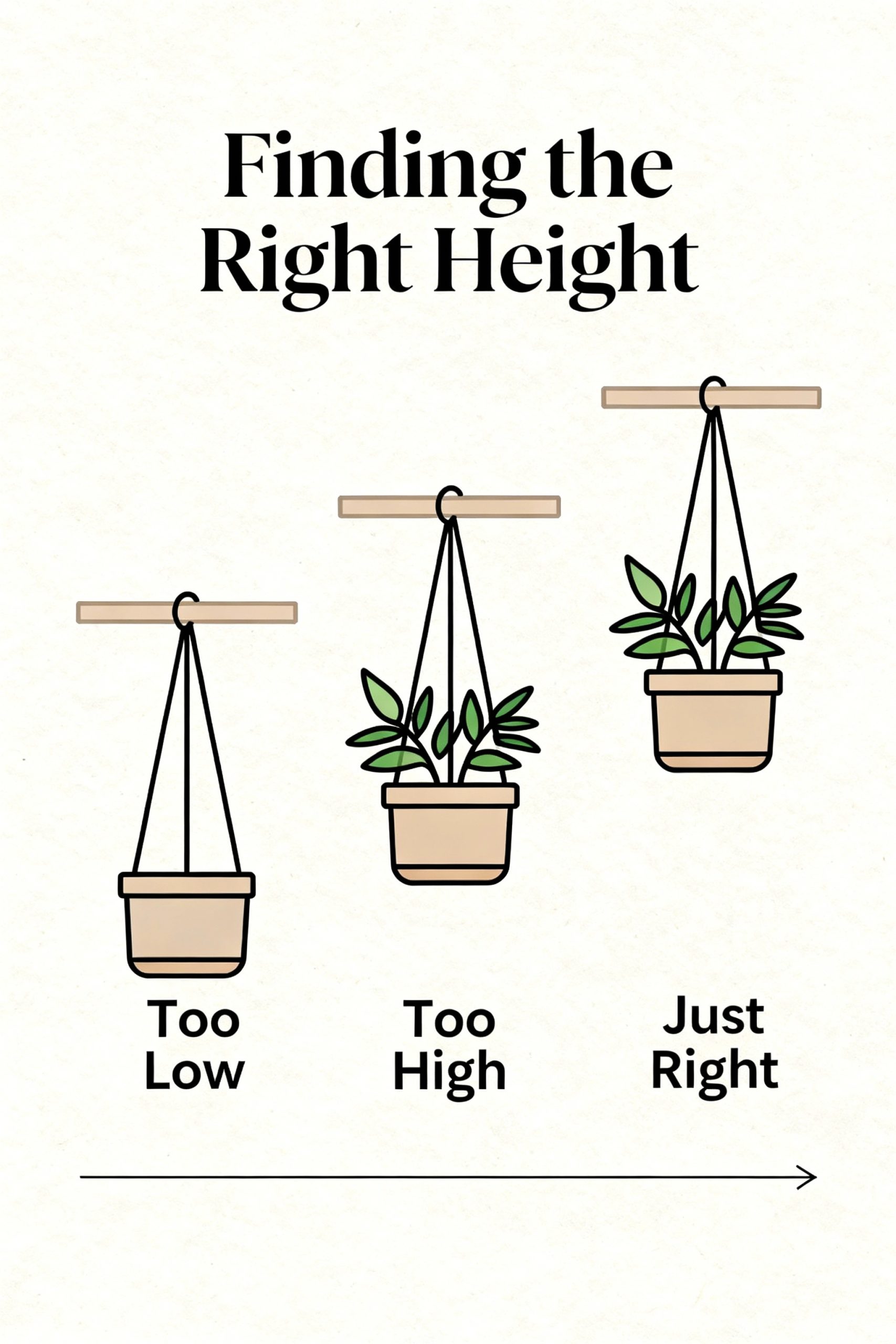 An instructional diagram illustrating the best height to hang a plant hanger, showing examples for 'Too Low,' 'Too High,' and 'Just Right' for balanced home decor.