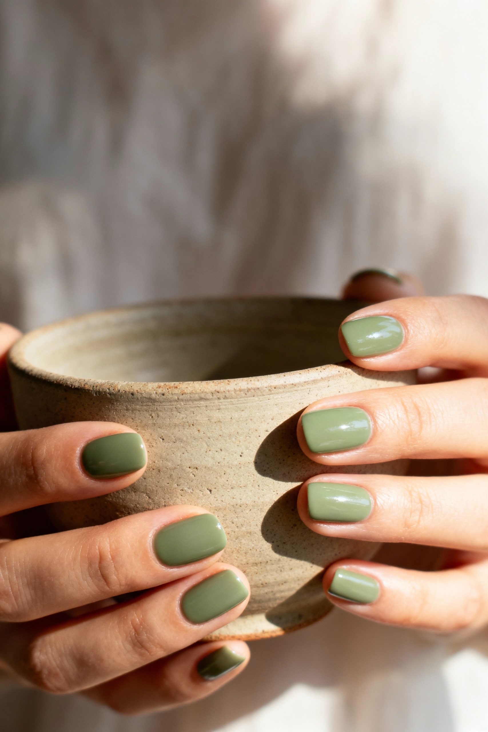 A woman's hands with a glossy sage green manicure holding a rustic, handmade ceramic bowl in natural sunlight.