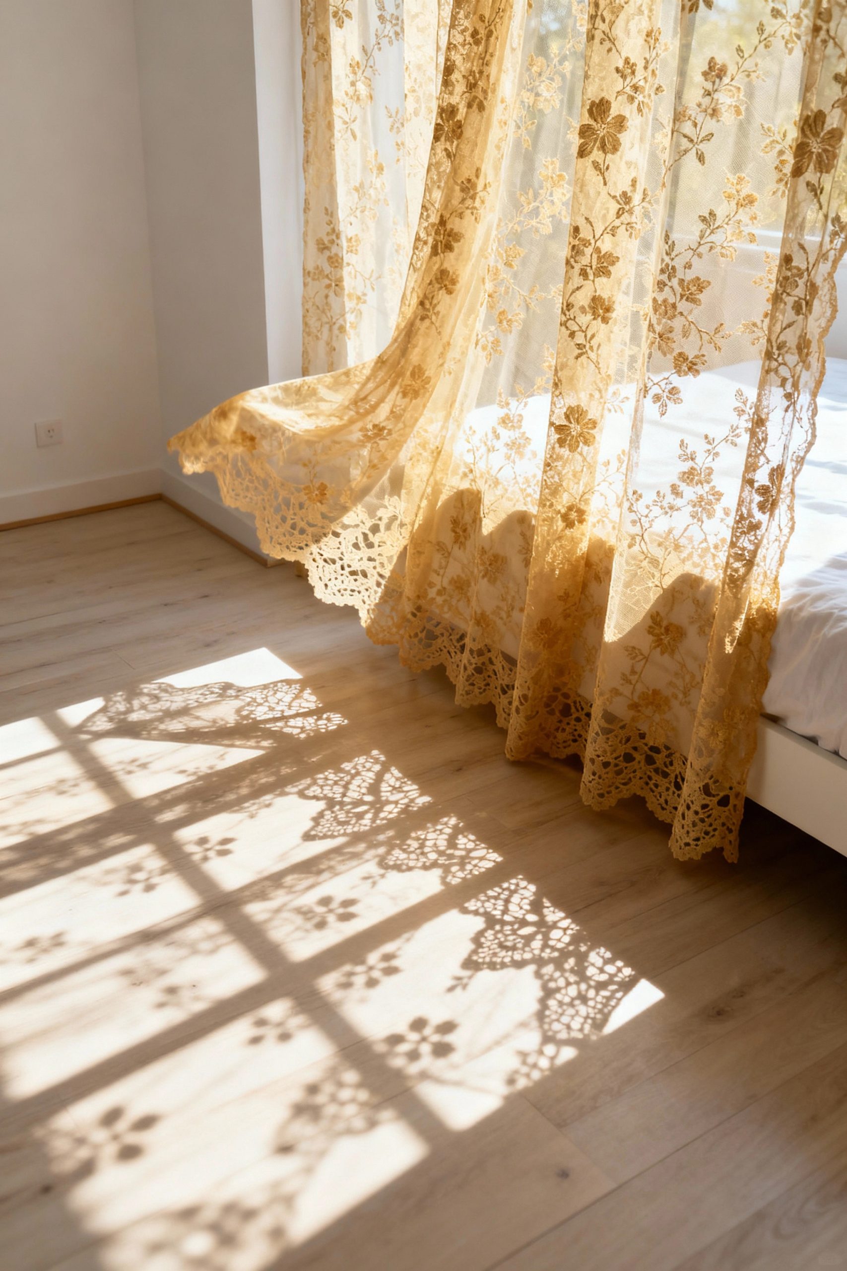 Sunlight streaming through a delicate, golden-hued lace curtain in an airy bedroom, casting beautiful shadows on the floor.
