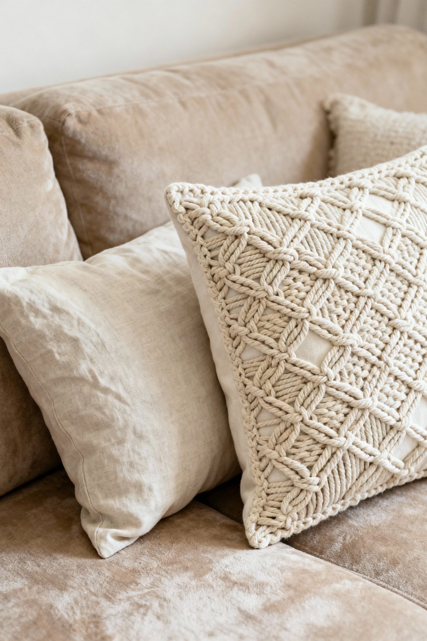 A stylish cream-colored macrame cushion placed next to a simple linen pillow on a comfortable beige sofa.