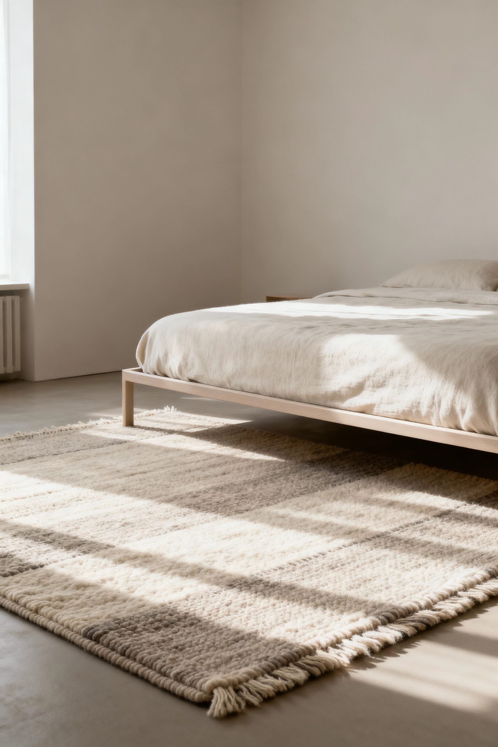A serene, minimalist bedroom with a simple bed frame and a textured, hand-loomed rug in neutral tones catching the natural light.