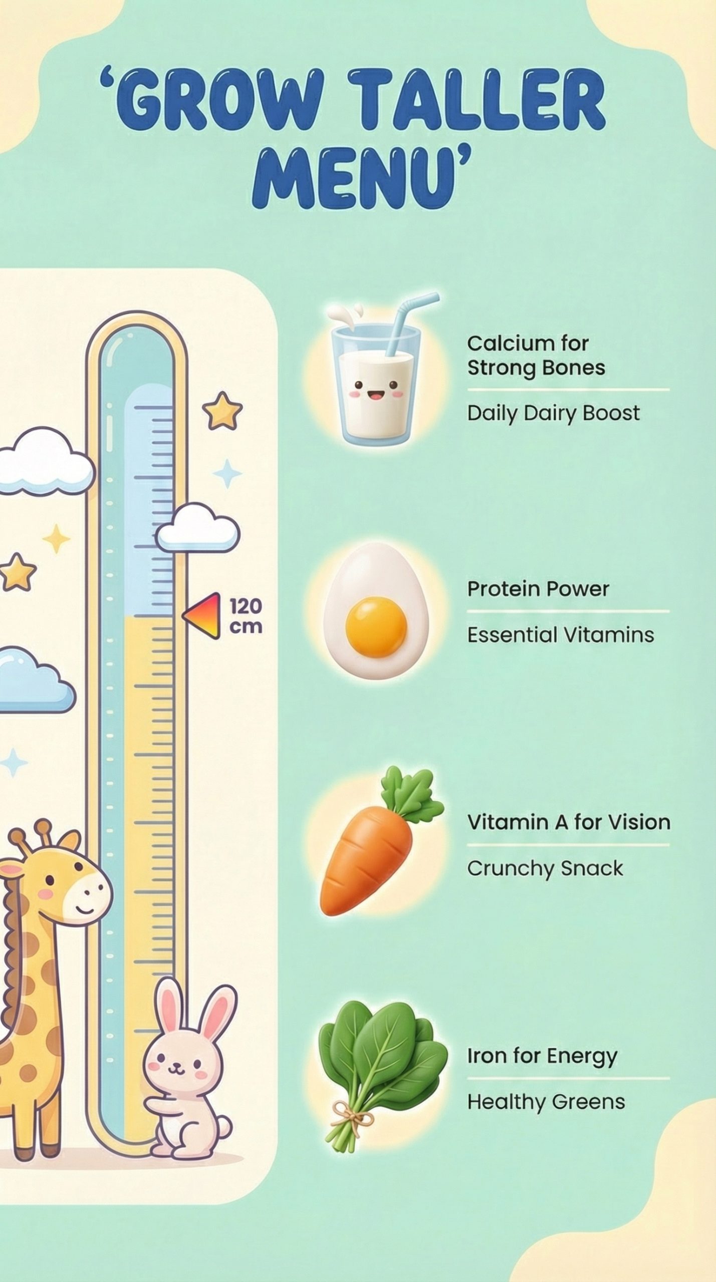 A cute, illustrated vertical infographic on a mint green background featuring a giraffe and bunny next to a height ruler. It lists nutritional benefits of 4 superfoods: Milk for bones, Eggs for protein, Carrots for vision, and Spinach for energy.