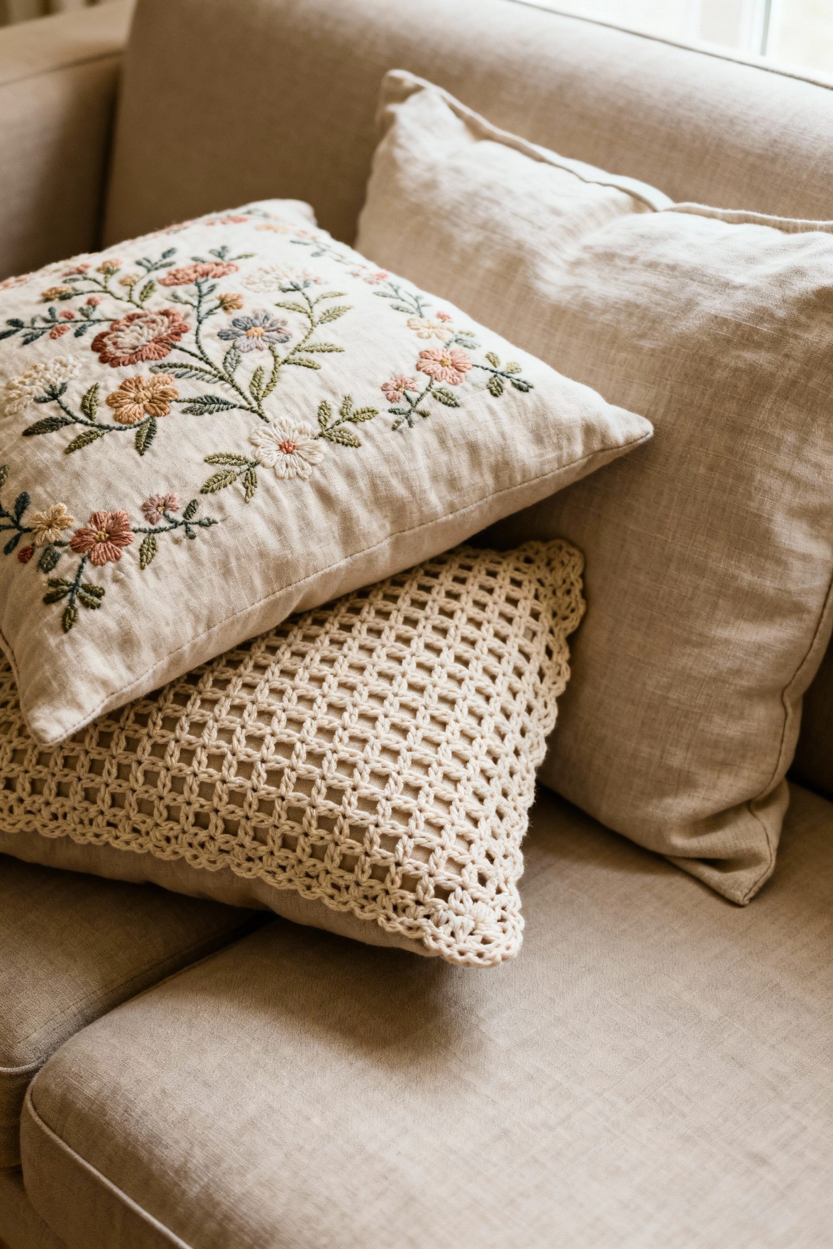 A collection of layered cushions on a sofa, showing a mix of textures including floral embroidery, crochet, and plain linen.