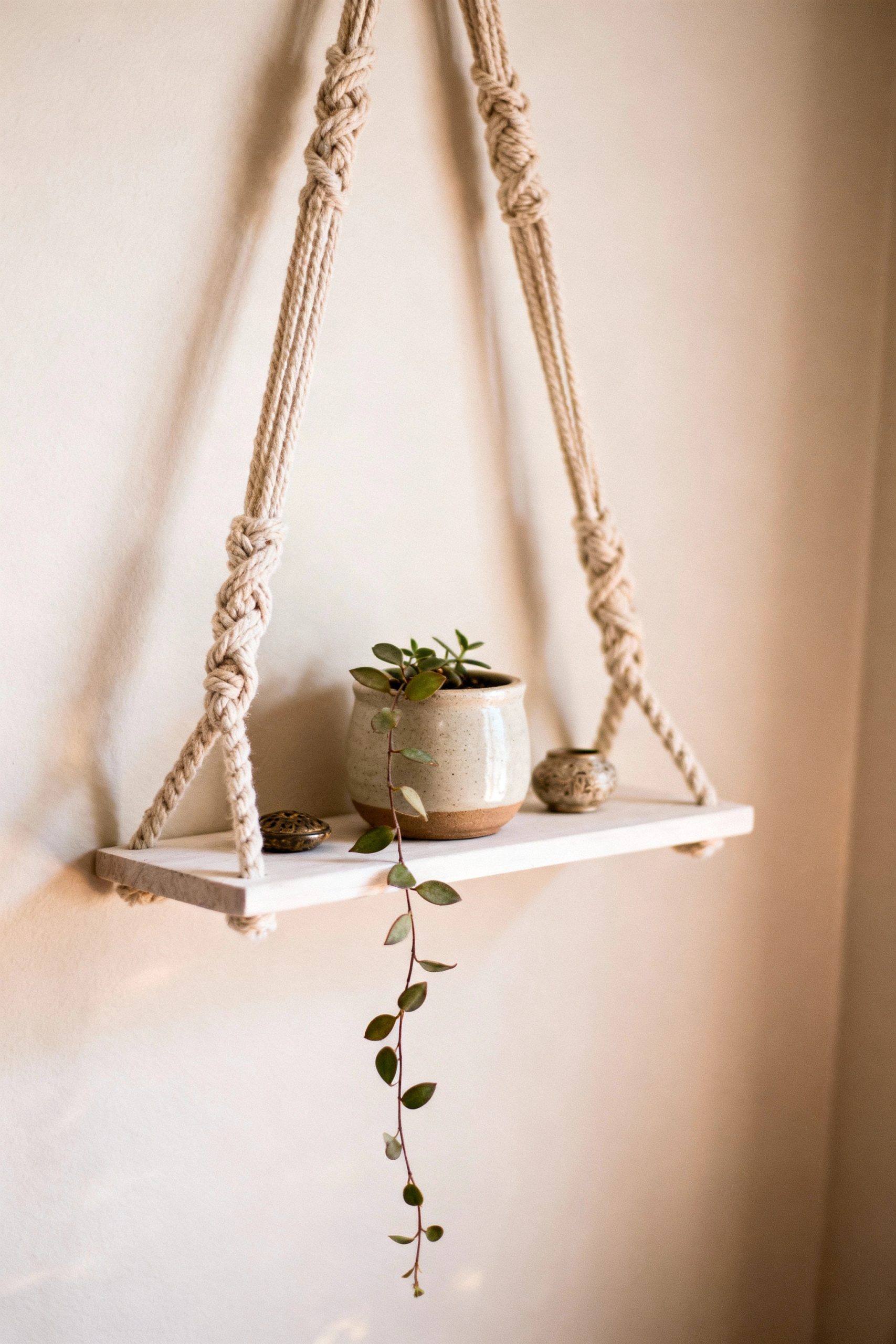 A stylish hanging macrame shelf holding a small trailing plant in a ceramic pot, adding a touch of green to a neutral wall.