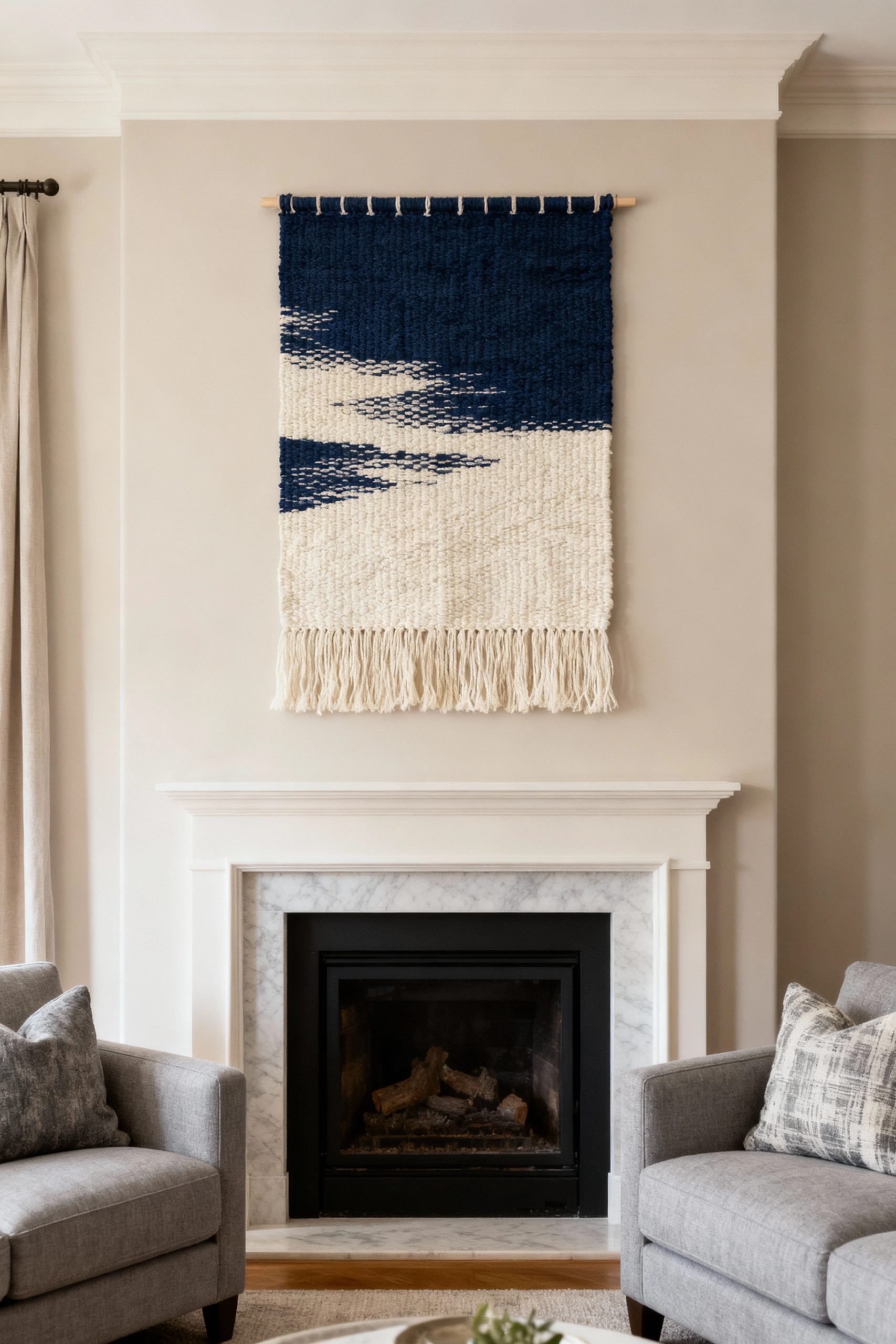In a neutral living room with grey chairs and greige walls, a navy blue and cream woven wall hanging provides a pop of color above a classic white marble fireplace.