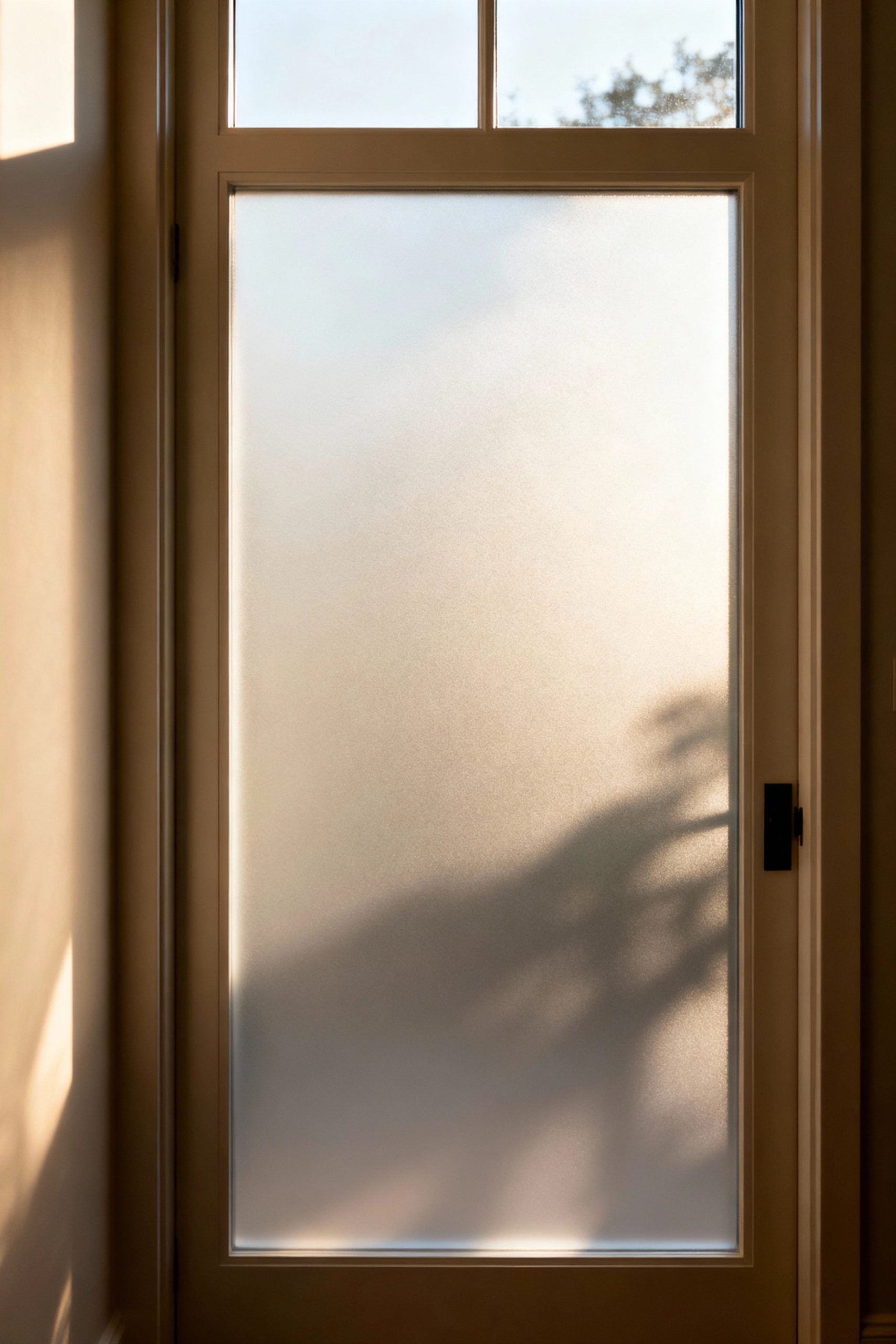 A glass door panel with frosted window film applied, obscuring the view from outside while allowing warm sunlight to pass through, perfectly demonstrating a simple privacy solution.