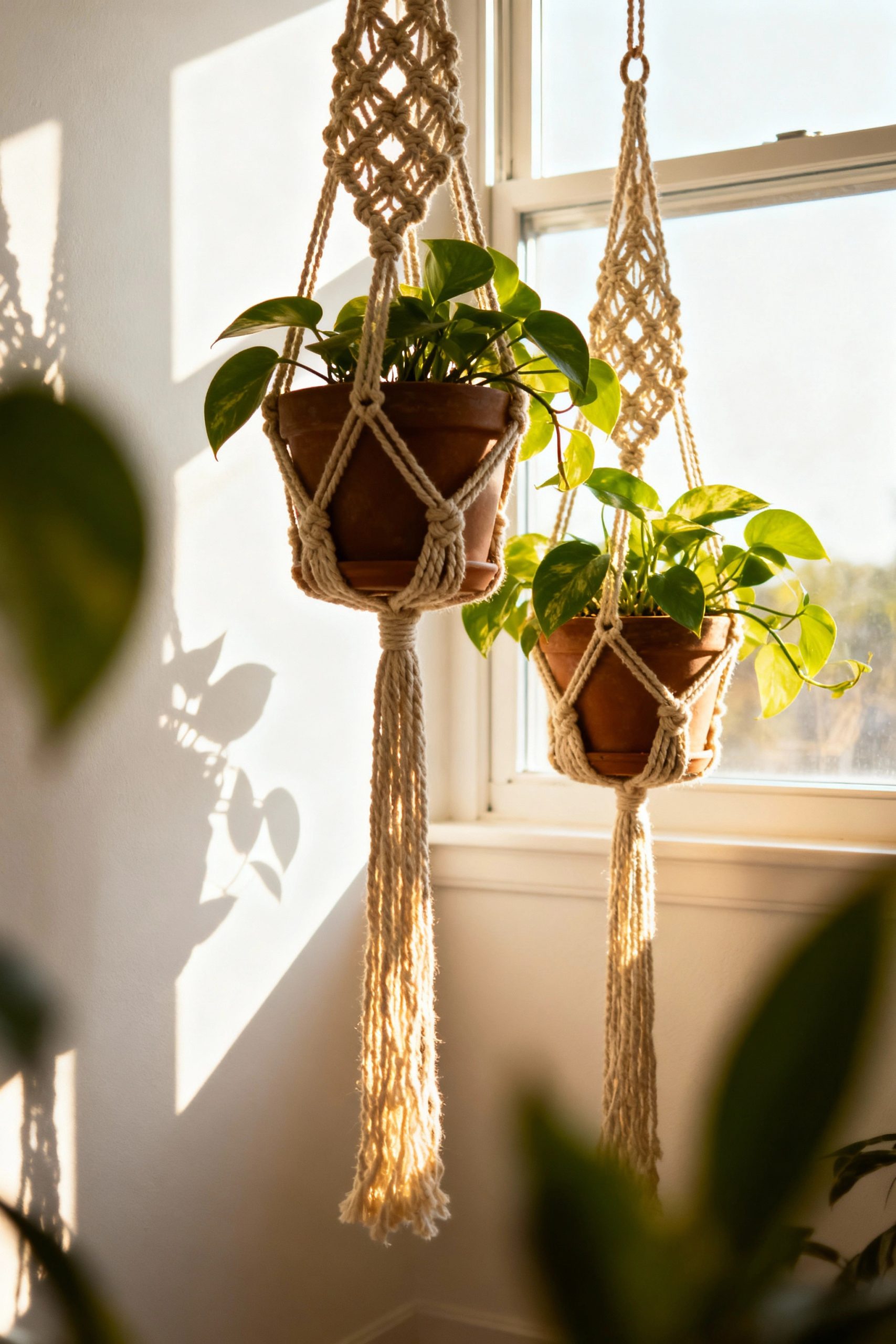 Two macrame plant hangers holding terracotta pots with pothos plants, hanging at staggered heights in front of a bright window, with beautiful sunlight streaming through.