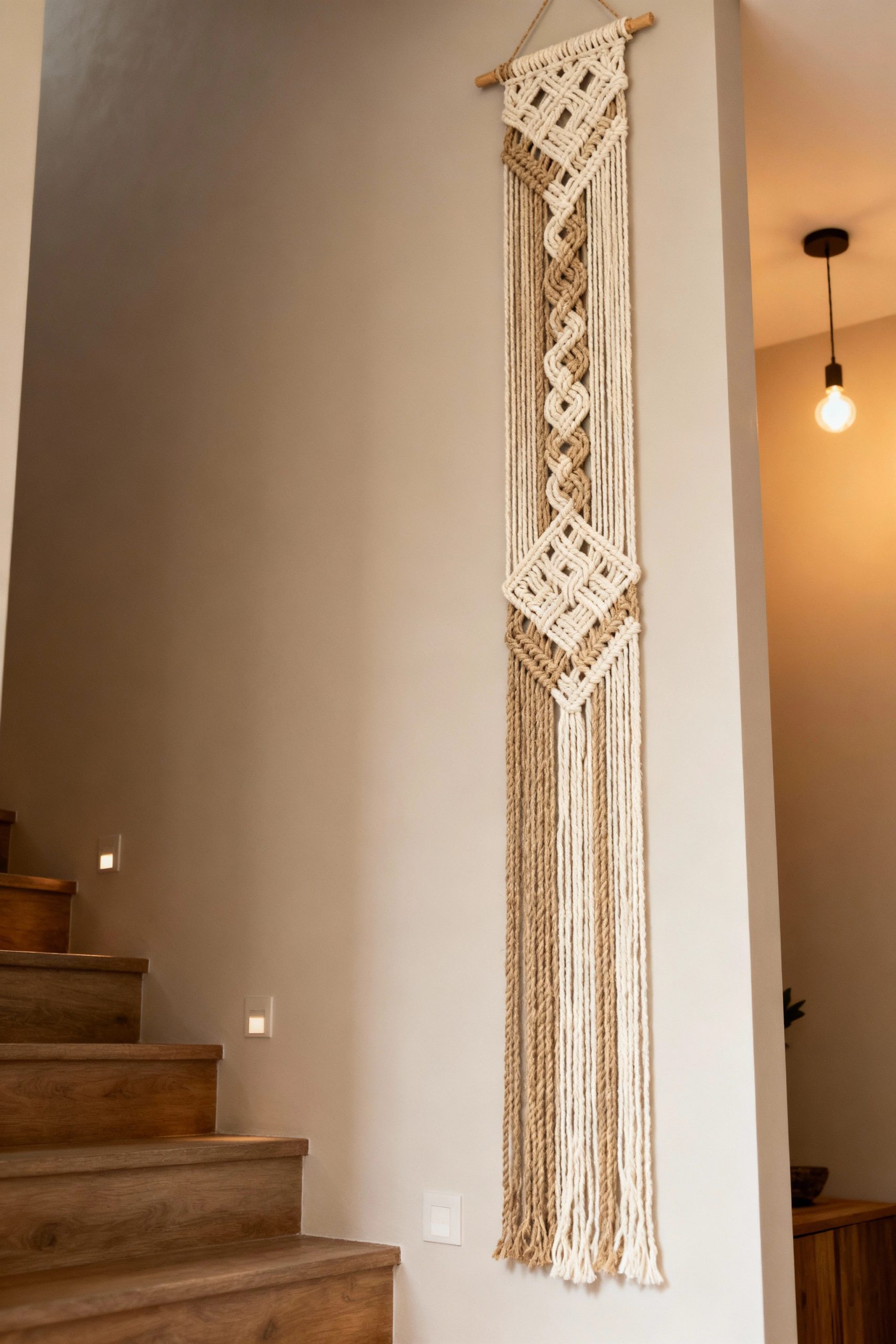 A long and narrow two-tone macrame wall hanging perfectly fits the tall, vertical space of a modern stairway wall, adding texture and interest.