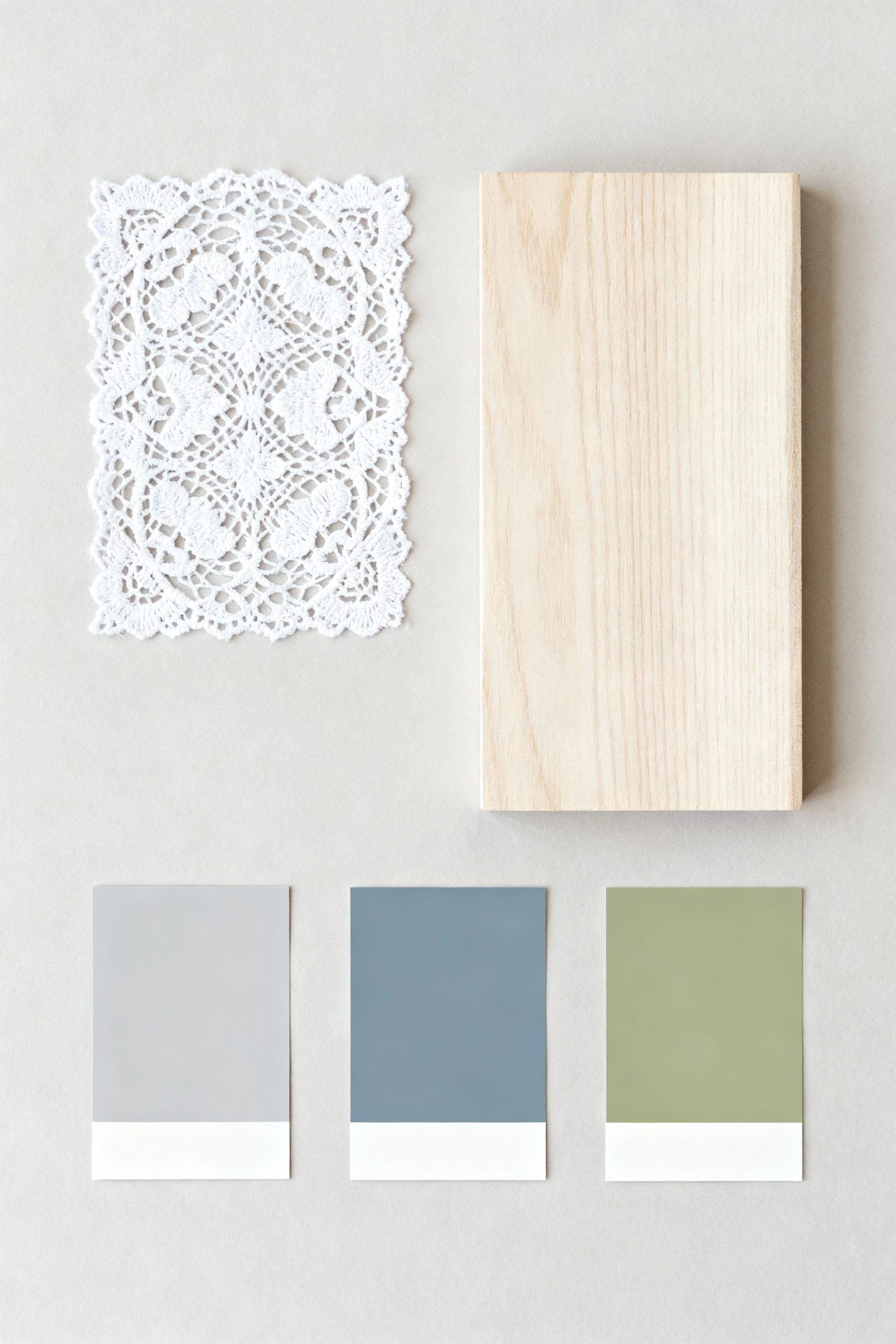 A mood board flat lay with a piece of white lace, a light wood block, and paint chips in modern tones of gray, blue, and green.