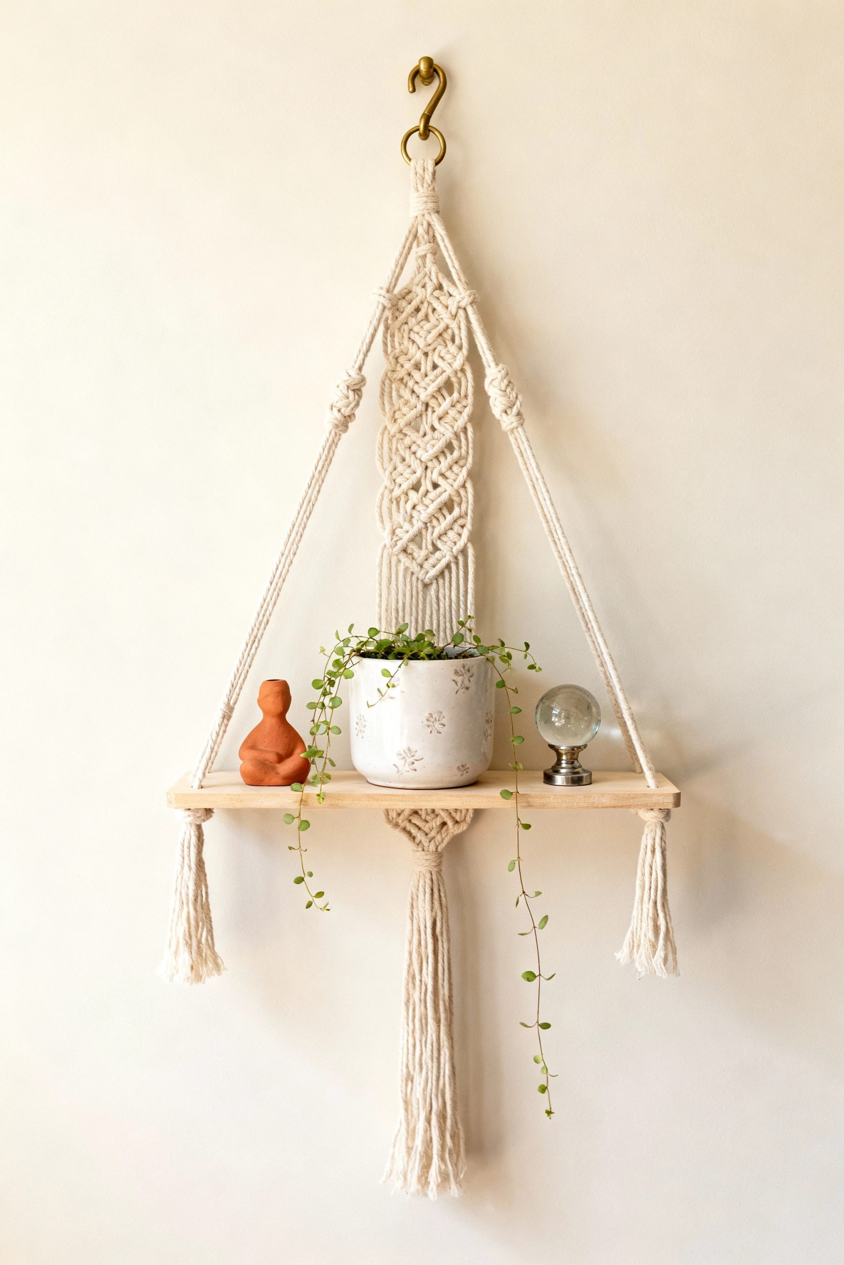 A beautifully crafted macrame hanging shelf with tassels, decorated with a potted plant and other small objects.