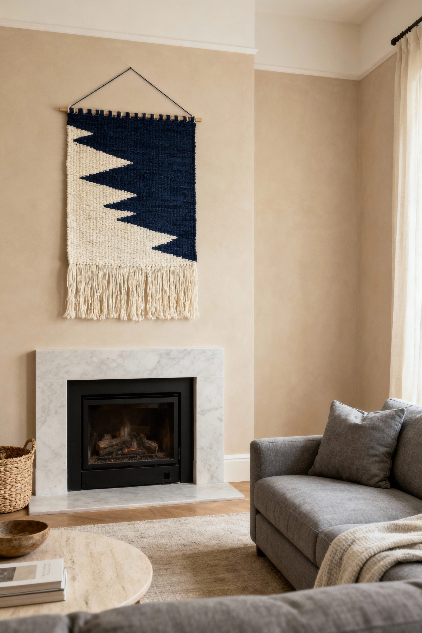 A modern woven tapestry with a navy blue and cream geometric design hangs on a warm beige wall, centered above a sleek marble fireplace in a cozy living room.