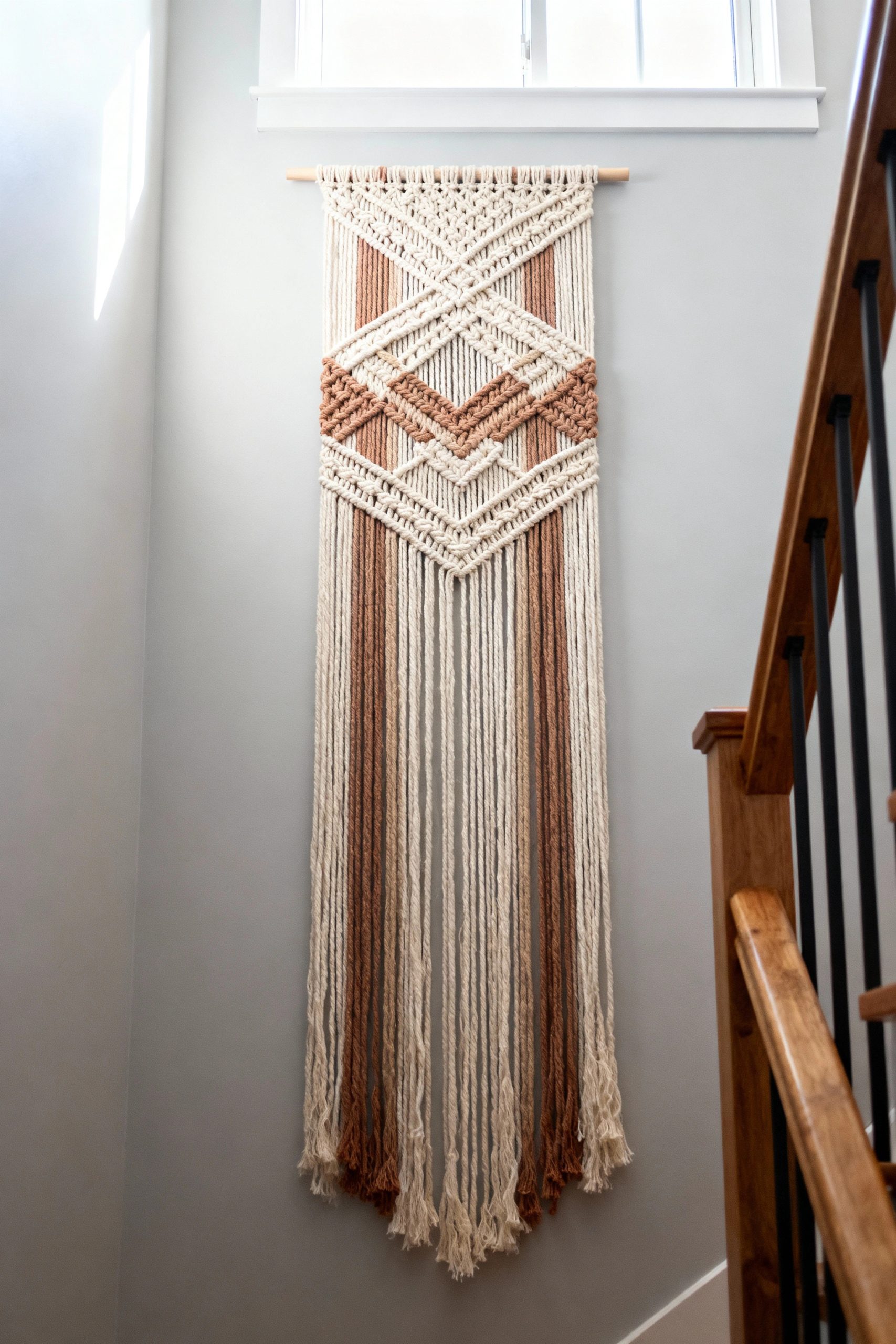 A wide, geometric macrame wall hanging in cream and brown adds a statement piece of decor to the wall of a staircase landing.