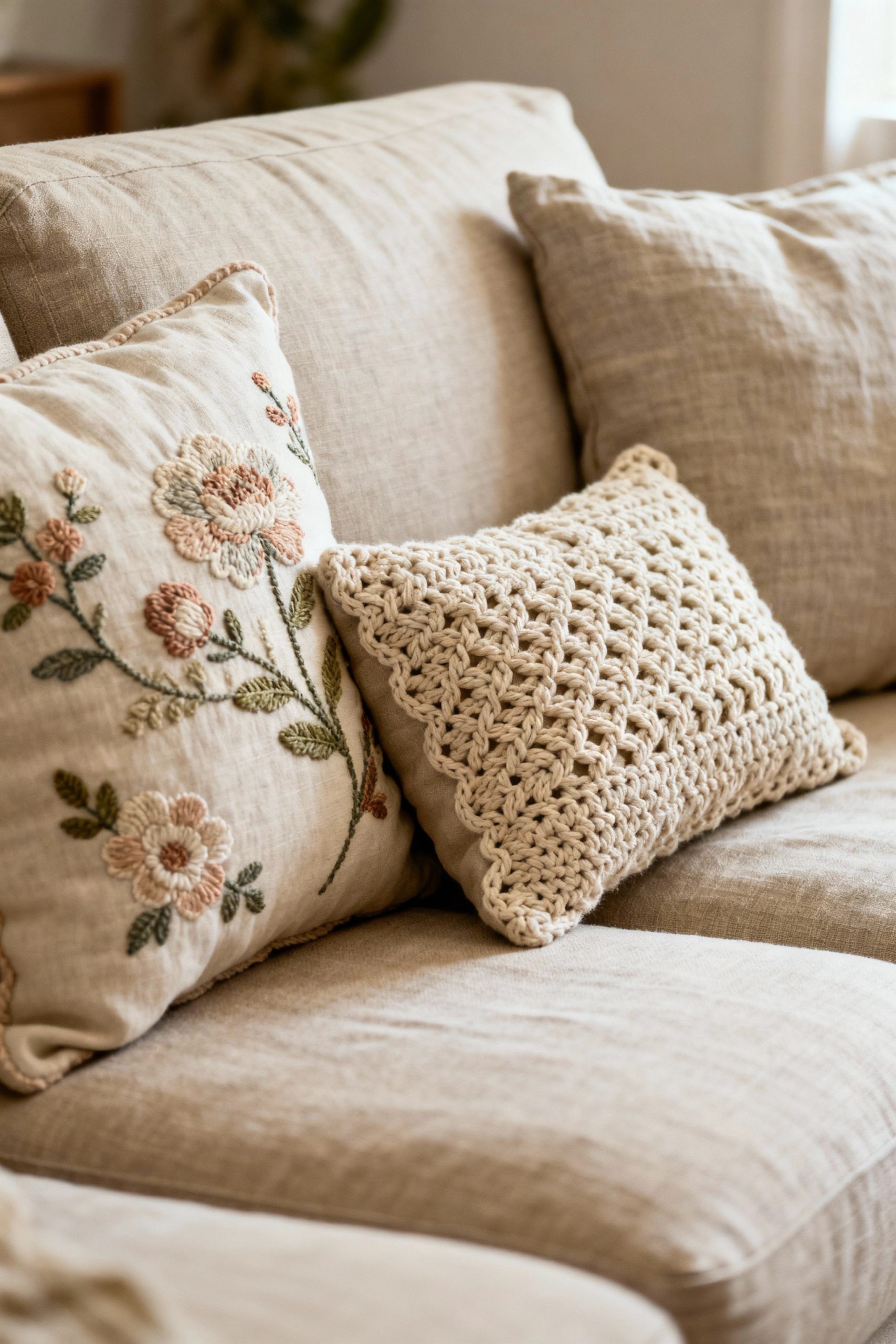 A stylish arrangement of layered cushions on a sofa, featuring one with floral embroidery and another with a crocheted texture.