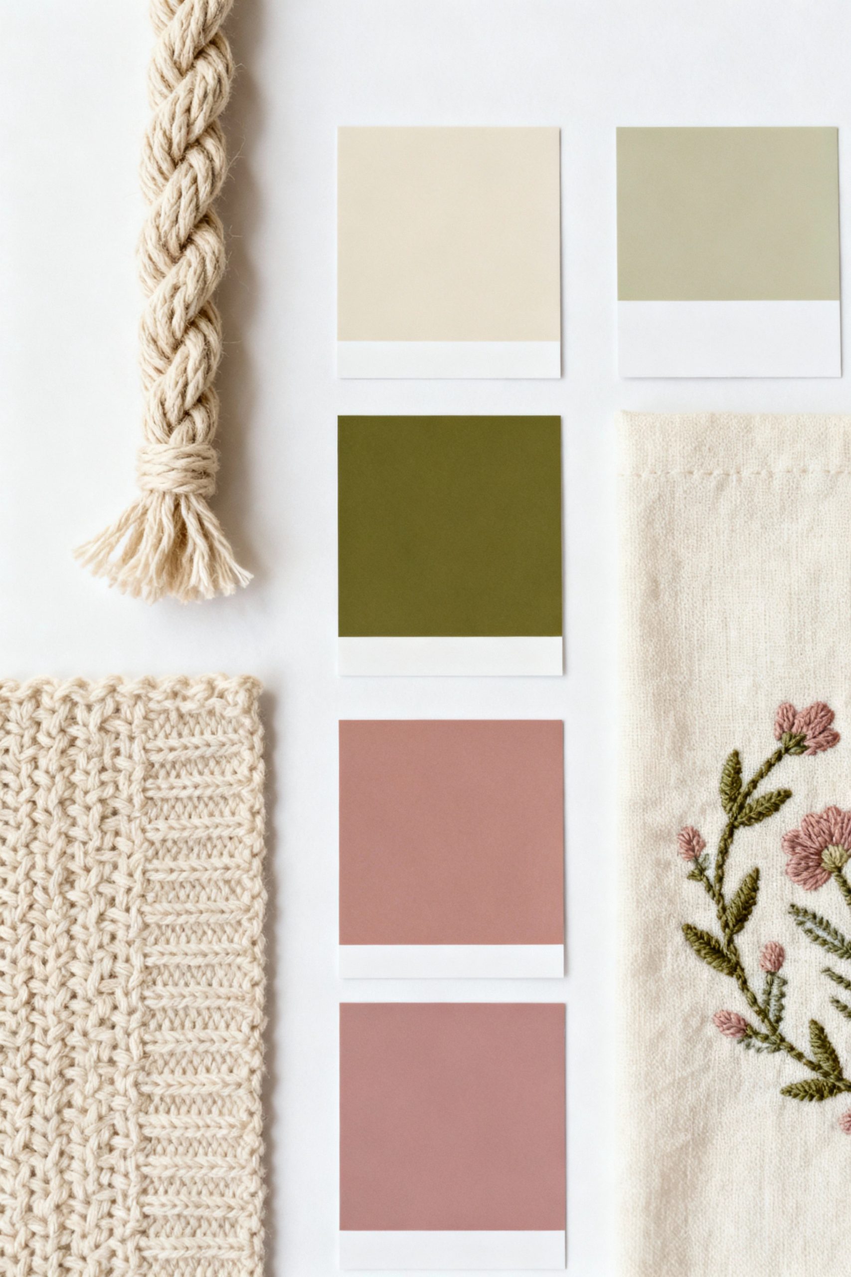 A mood board showing samples of macrame, knit, and embroidery next to paint chips in a soothing palette of beige, olive, and dusty rose.