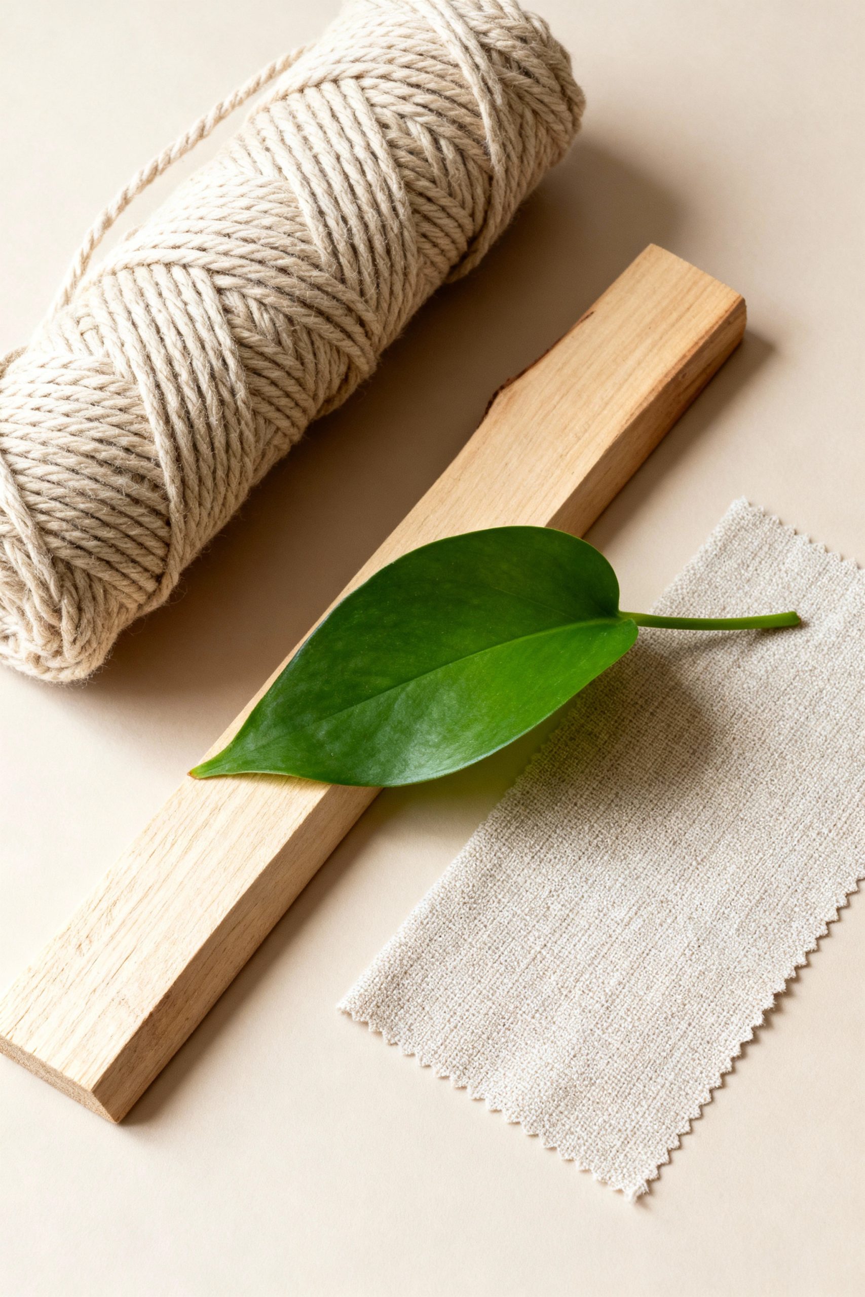 A flat-lay mood board showing a spool of macrame cord, a piece of light wood, a green leaf, and a swatch of linen fabric.