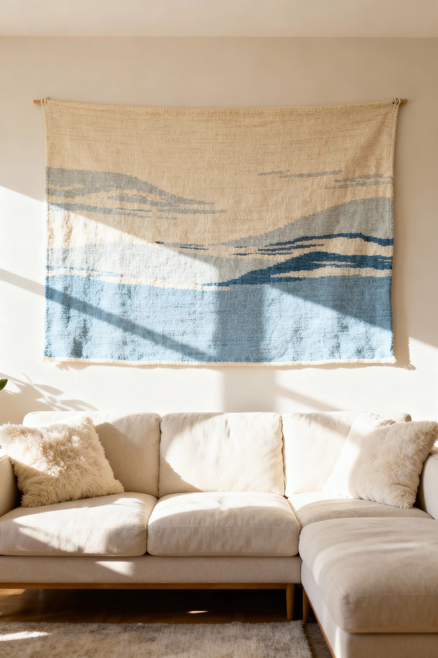 A large, horizontal woven tapestry with an abstract blue and cream landscape design hangs on a white wall above a light-colored sectional sofa in a bright living room.