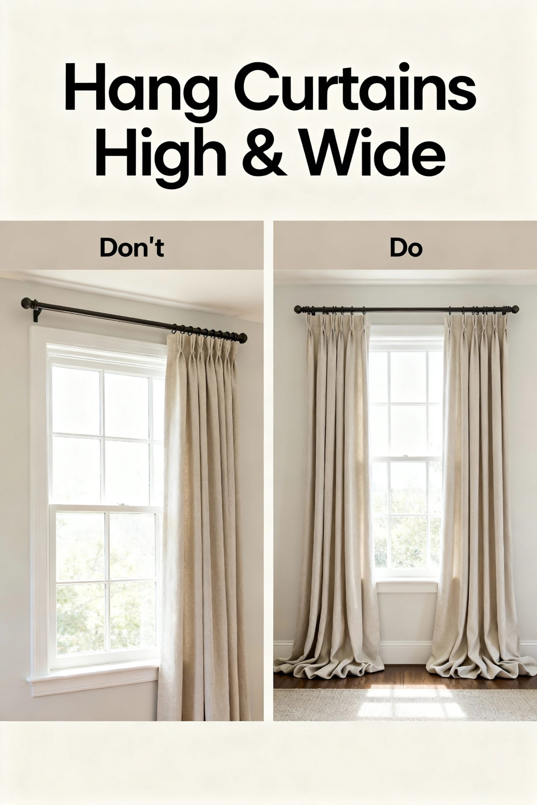 A helpful "Do" and "Don't" diagram showing the proper way to hang curtains. The 'Do' side shows the curtain rod mounted high and wide to make the window appear larger.