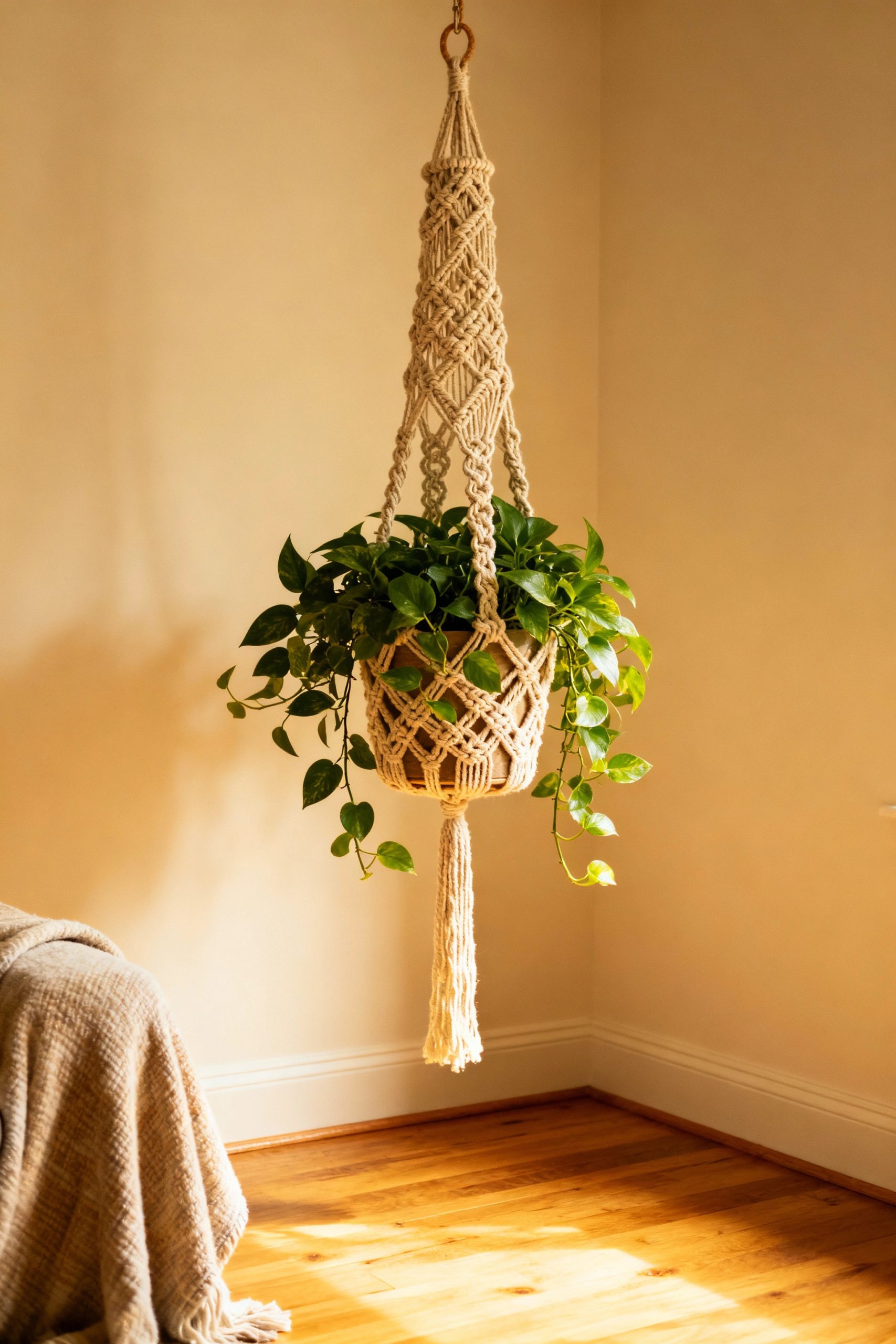 A beautiful macrame plant hanger with a trailing pothos plant, bringing life and texture to a previously empty living room corner bathed in warm sunlight.