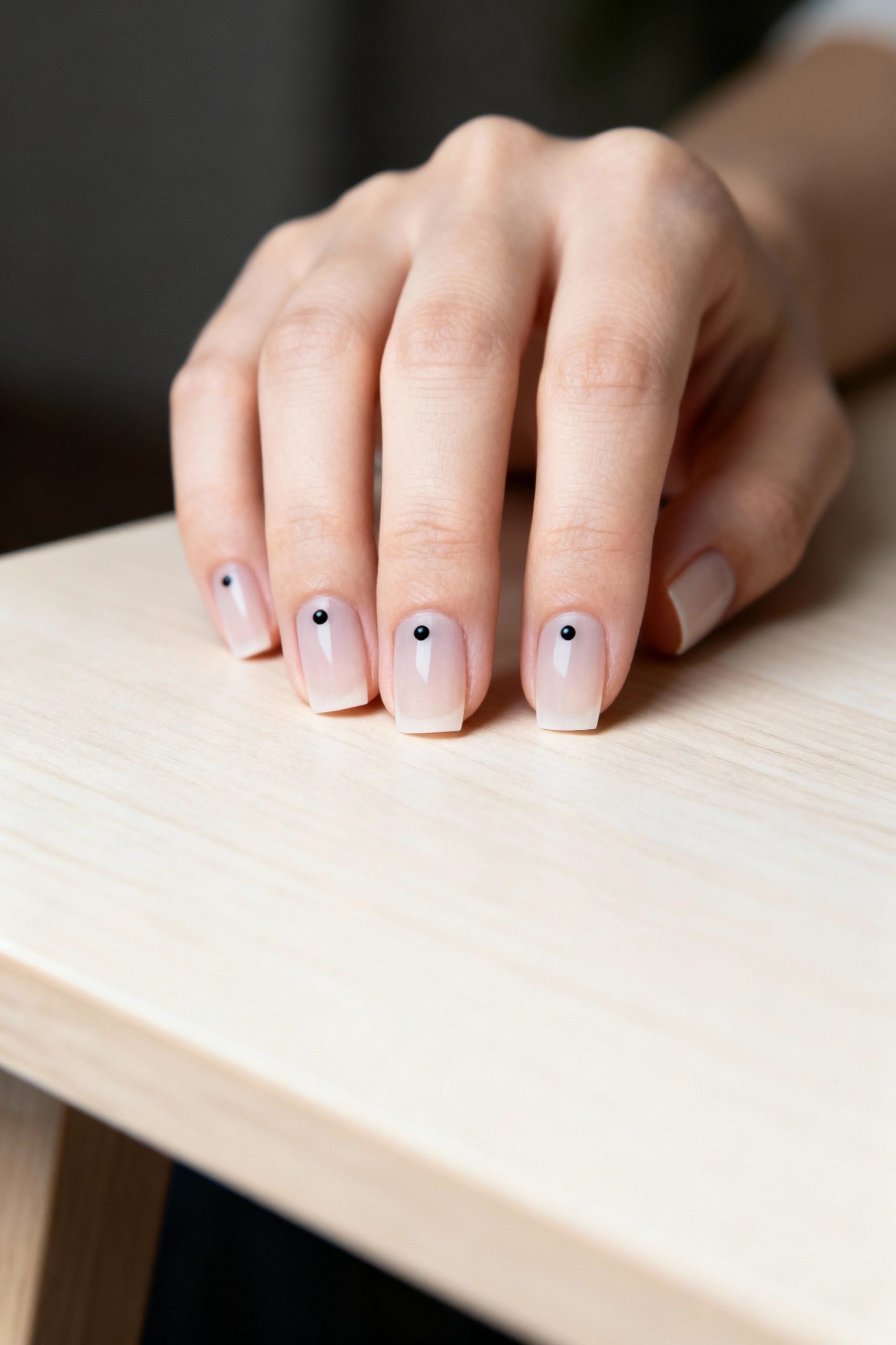 A woman's hand with a minimalist manicure featuring a single tiny black dot at the base of each sheer nude nail, resting on a light wood surface.