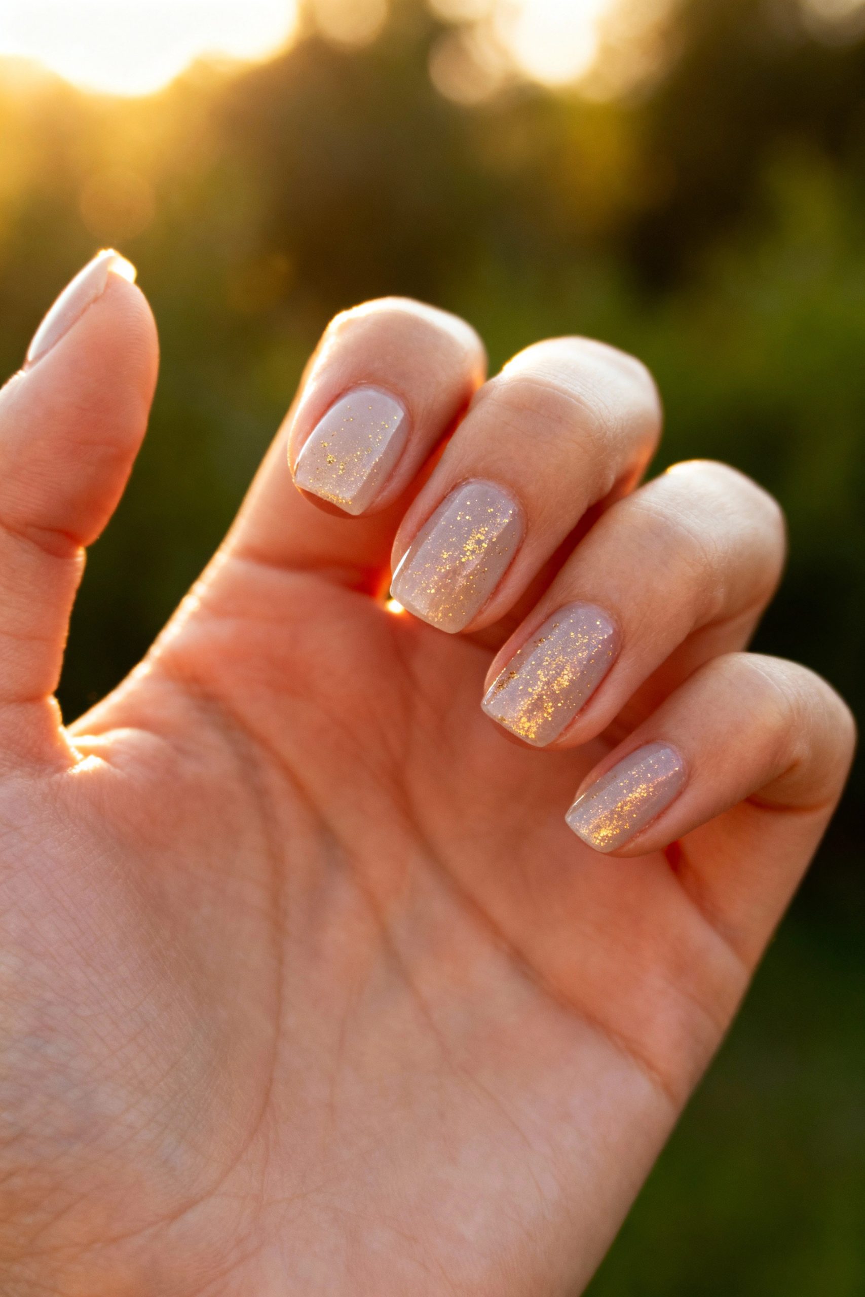 Hand catching the sunlight showing sheer nude nails with delicate, subtle gold shimmer particles.