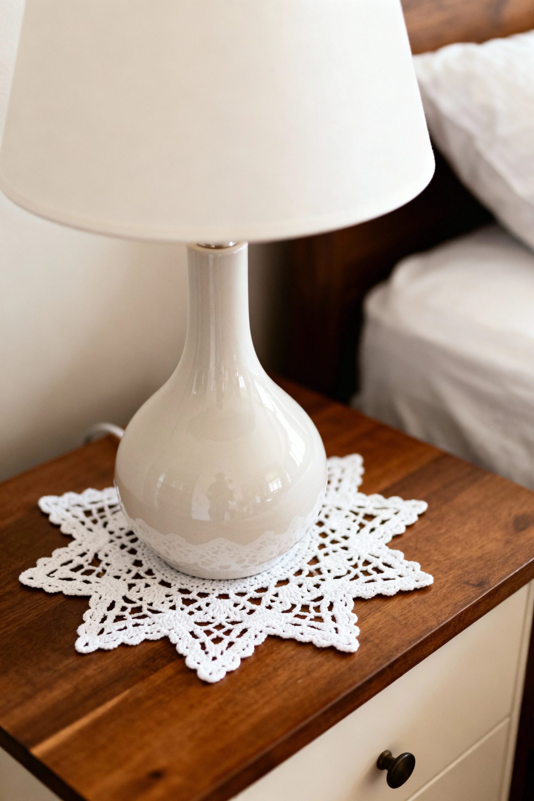 A modern white ceramic table lamp on an intricate lace doily on a wooden nightstand, protecting the surface with style.