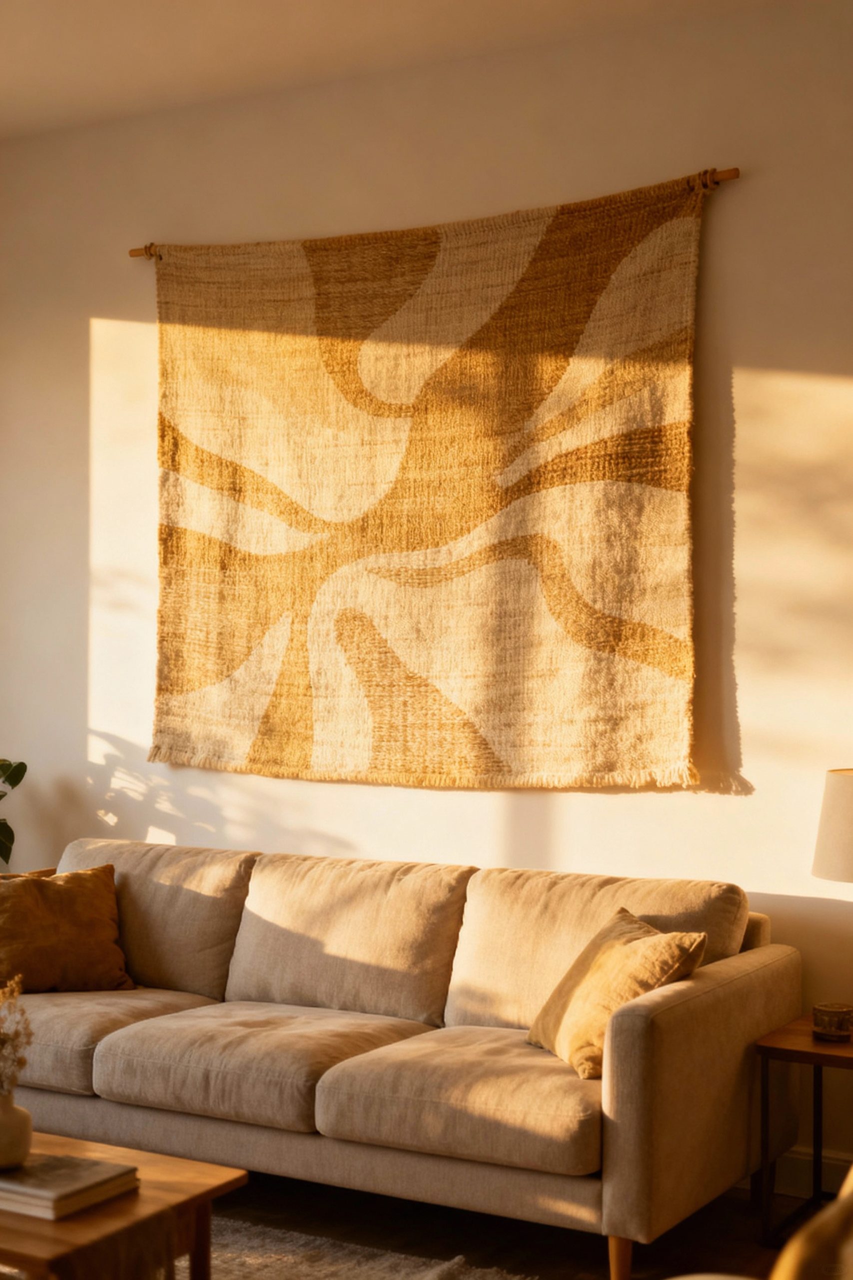 An abstract woven tapestry in warm, earthy tones hangs above a beige sofa, bathed in the soft glow of golden hour sunlight streaming into the living room.