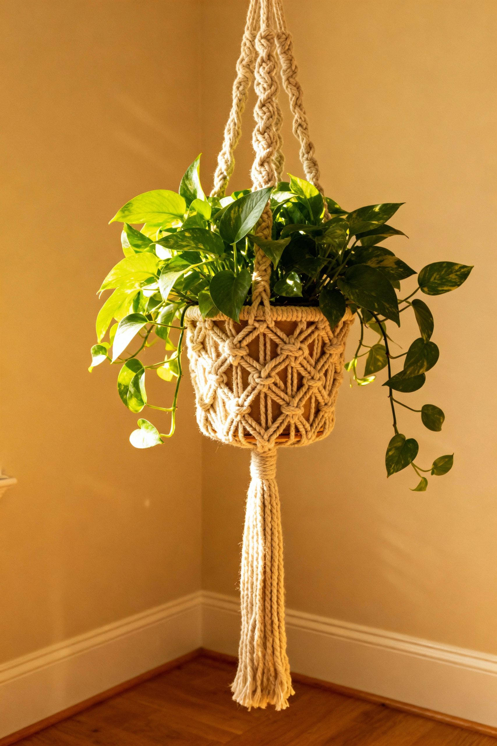 A close-up view of a pothos plant in an intricately knotted macrame hanger, strategically placed to animate a neutral-toned corner.