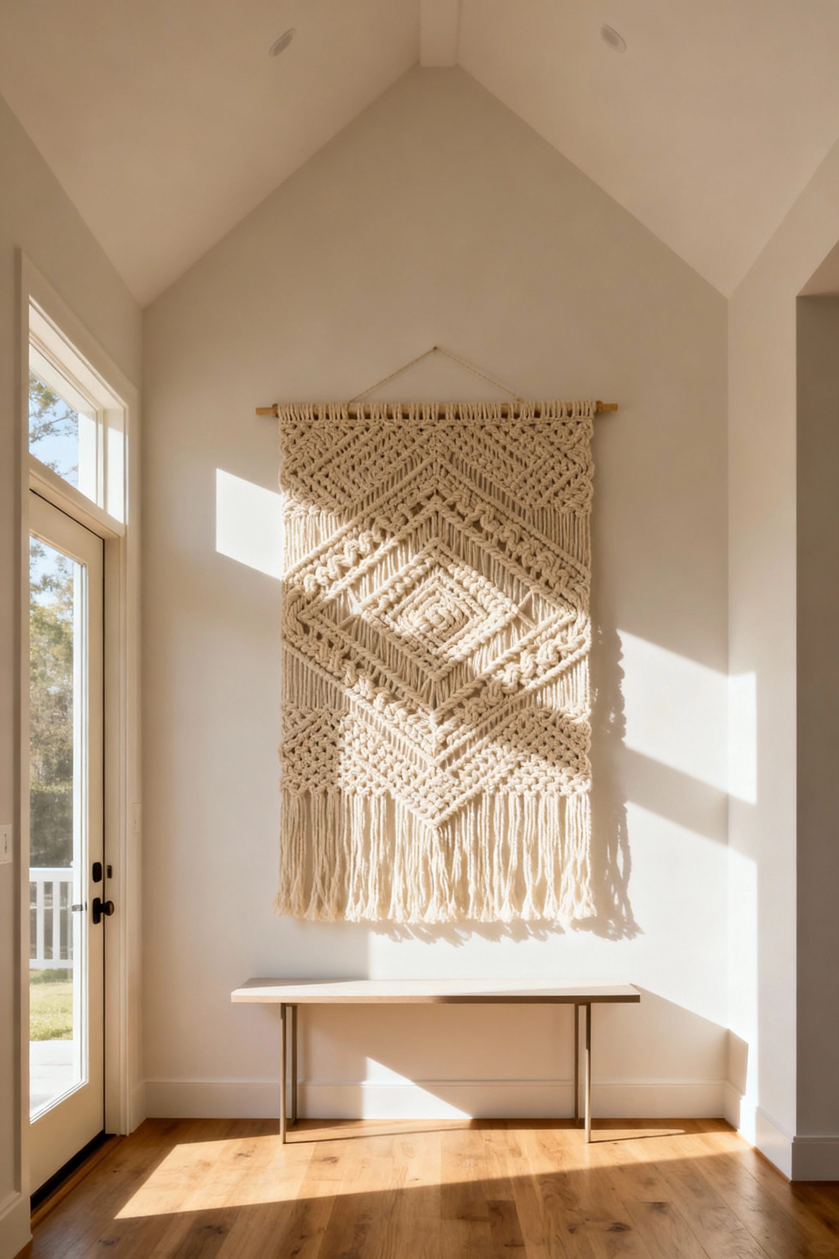 A beautiful, large macrame tapestry with intricate patterns hangs above a simple bench in a sunlit entryway, offering a warm and textured welcome.