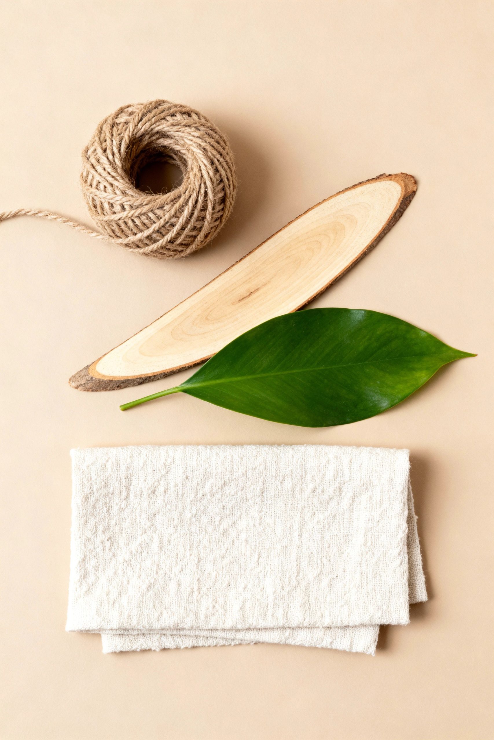 An earthy and natural decor mood board featuring a ball of jute twine, a slice of wood, a green leaf, and a piece of linen.