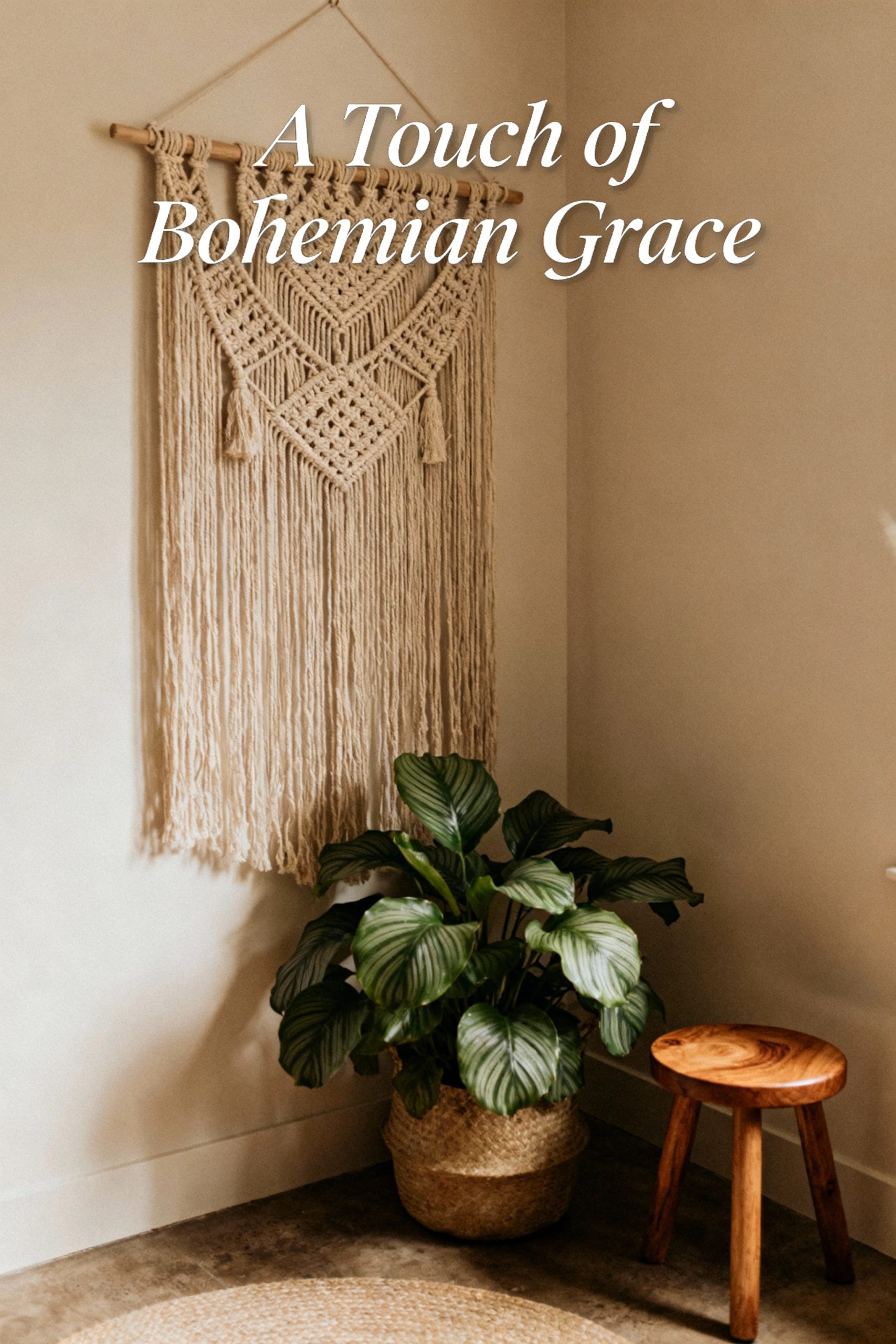 A cozy corner vignette with a macrame wall hanging, a large potted plant, and a wooden stool, with the text "A Touch of Bohemian Grace".