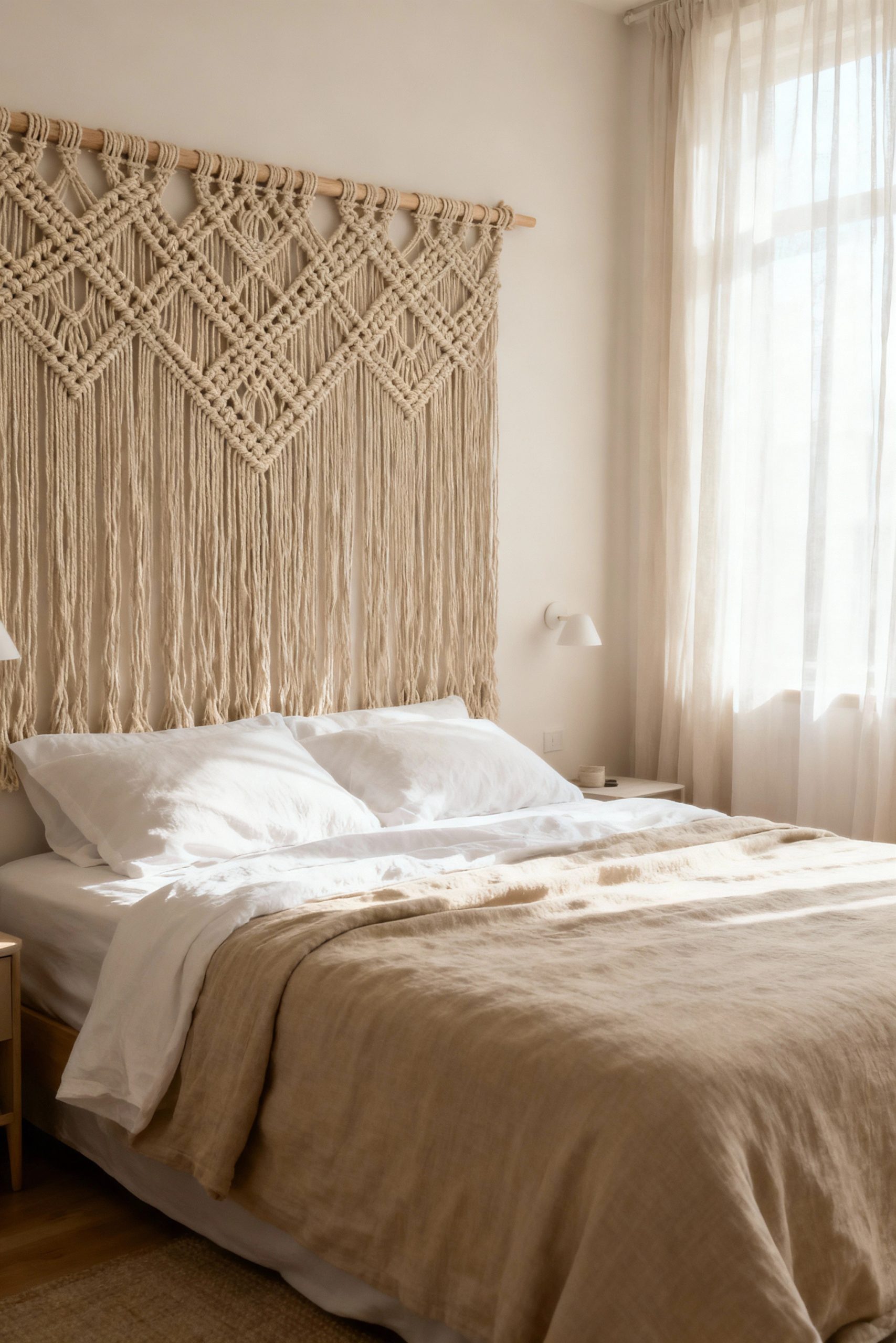 In a bright, serene bedroom, a wide and intricate macrame wall hanging is used as a beautiful, unconventional headboard above a bed with white and beige linens.