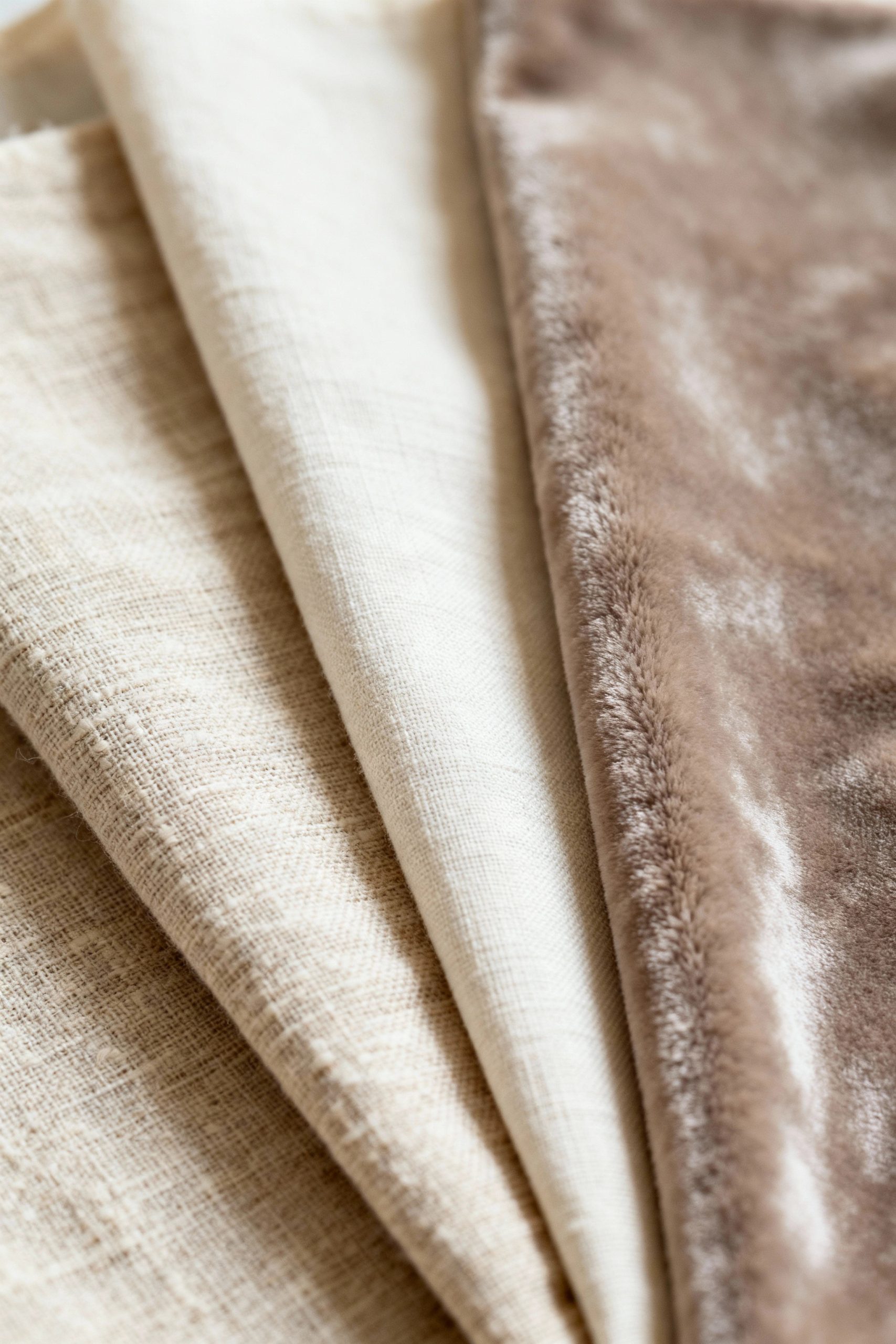 A close-up of various neutral-colored fabric swatches, including linen and velvet, fanned out to show their different textures for window treatment selection.